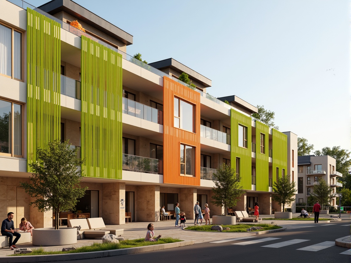 Prompt: Vibrant hospital social housing facade, warm beige tones, large windows, vertical green walls, natural stone cladding, modern minimalist architecture, curved lines, accessible balconies, outdoor seating areas, wheelchair ramps, Braille signage, gentle sloping roofs, solar panels, wind turbines, eco-friendly materials, innovative ventilation systems, soft warm lighting, shallow depth of field, 1/1 composition, realistic textures, ambient occlusion.