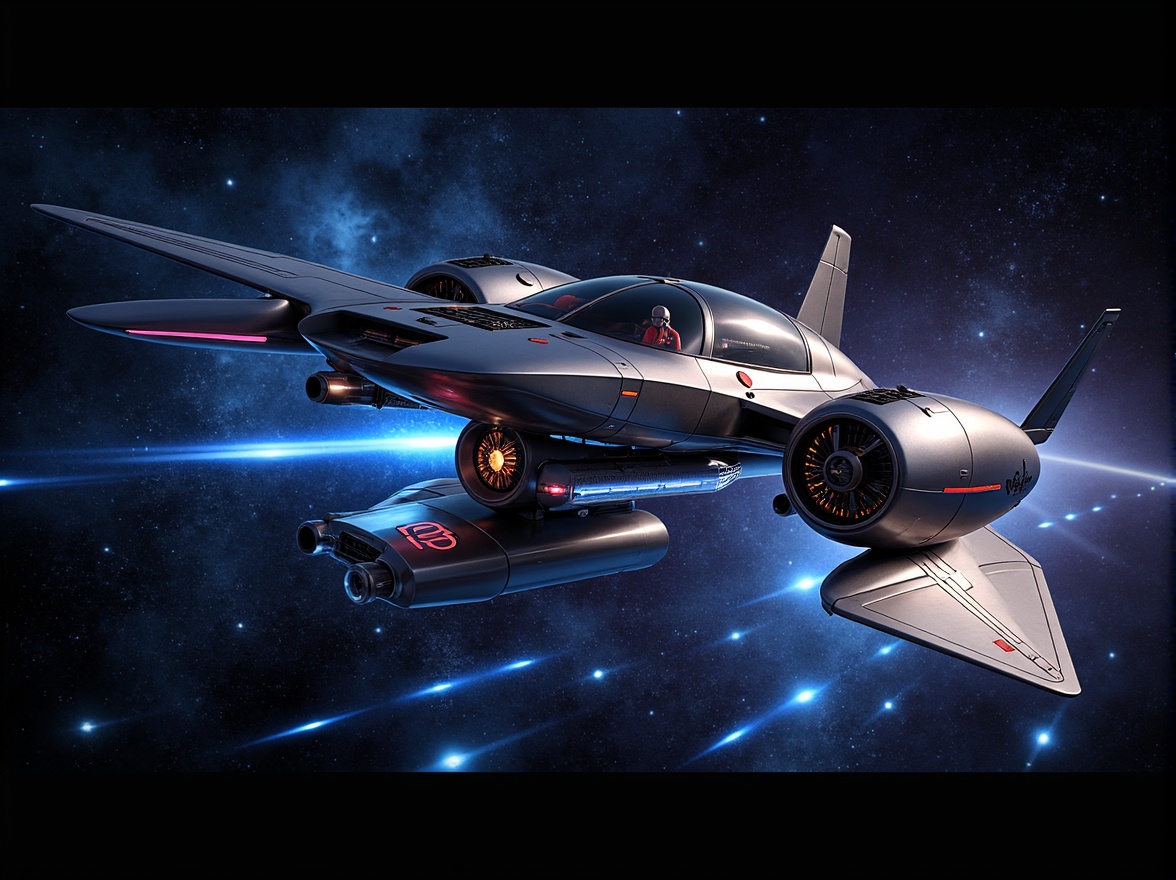 Prompt: Sleek spacecraft, metallic surfaces, neon lights, futuristic architecture, aerodynamic lines, curved wings, cockpit windows, pilot seats, navigation systems, digital displays, control panels, astronaut helmets, galaxy backgrounds, starry night sky, planetary orbits, rocket engines, smoke trails, intense spotlighting, high-contrast shading, 1/2 composition, cinematic depth of field.