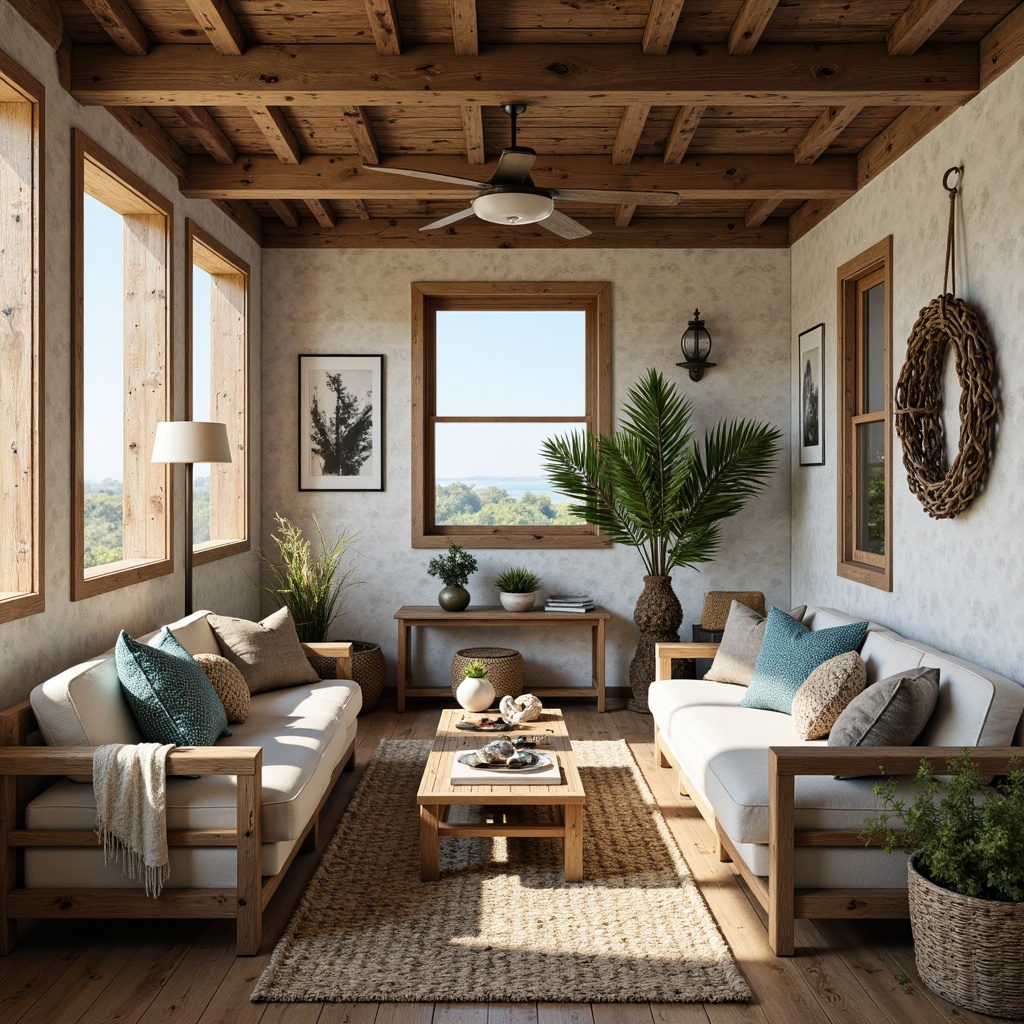 Prompt: Rustic coastal cottage, weathered wood accents, driftwood furniture, nautical ropes, distressed finishes, ocean-inspired color palette, sea salt-weathered metal, reclaimed wooden planks, coral-patterned textiles, woven sea grass, natural fiber rugs, shell-adorned decor, beachy vibe, warm sunny day, soft golden lighting, shallow depth of field, 1/1 composition, realistic textures, ambient occlusion.