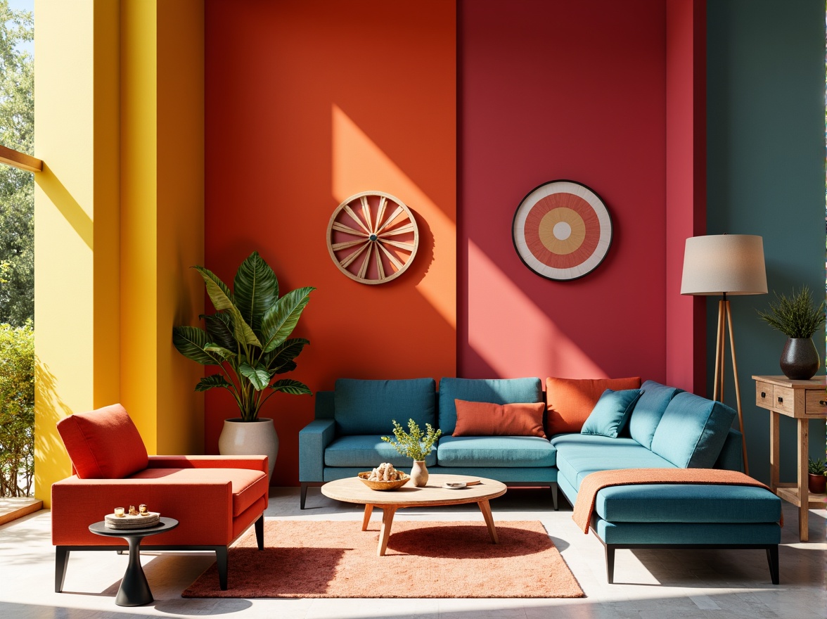 Prompt: Vibrant design studio, bold color scheme, contrasting hues, harmonious palette, rich textures, abstract shapes, modern furniture, sleek lines, minimalist decor, natural light, soft shadows, 1/1 composition, realistic rendering, atmospheric lighting, warm ambient occlusion.