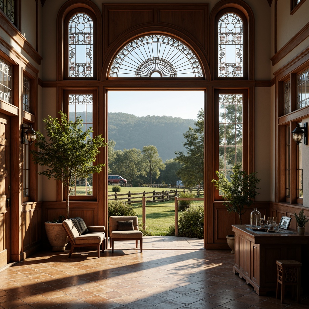 Prompt: Rustic rural landscape, rolling hills, wooden fences, old oak trees, vintage Art Deco windows, ornate metalwork, geometric patterns, earthy tones, ceramic tiles, rustic wooden doors, decorative ironmongery, asymmetrical fa\u00e7ade, curved lines, ornate cornices, grand entranceways, luxurious interior spaces, lavish furnishings, soft warm lighting, shallow depth of field, 1/1 composition, realistic textures, ambient occlusion.