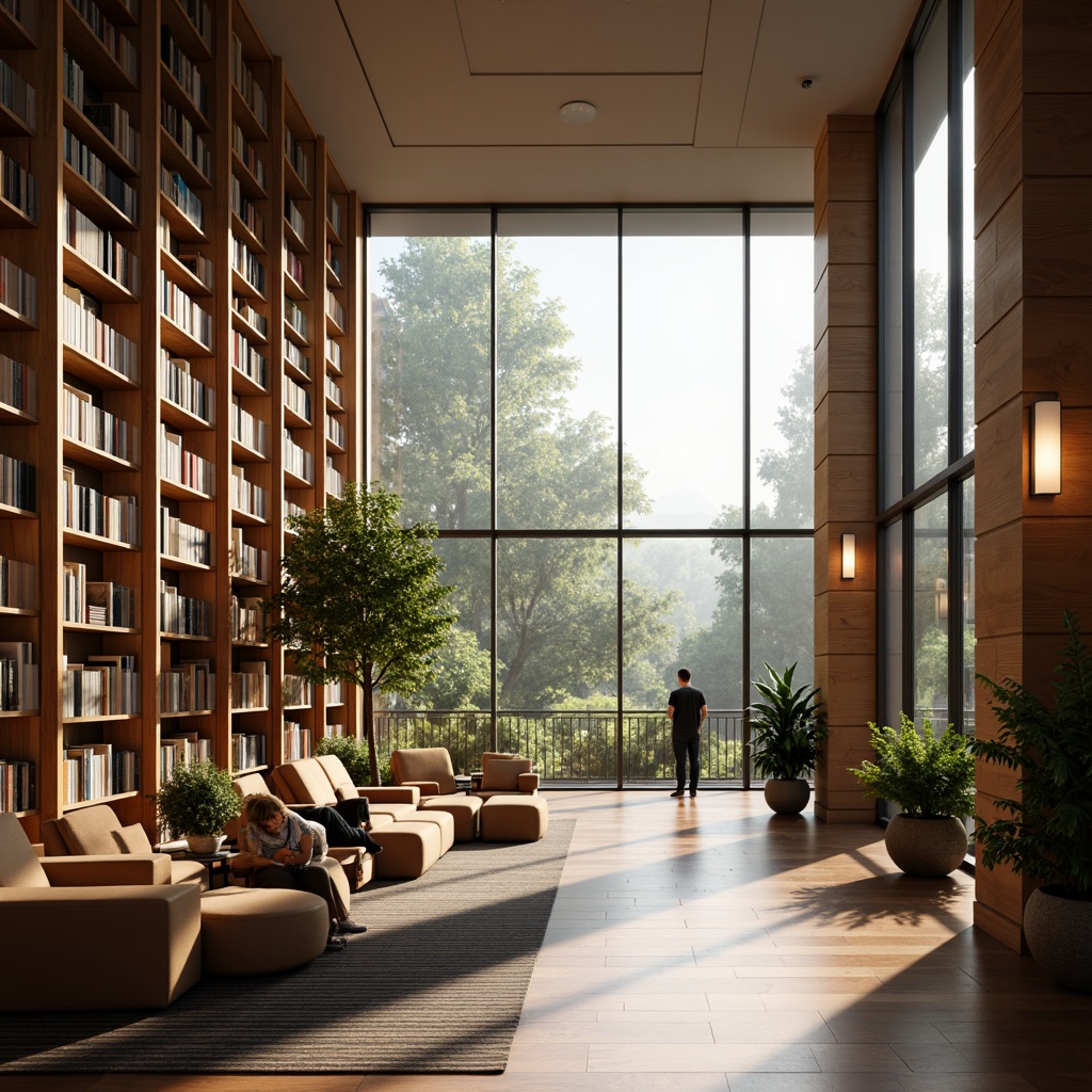 Prompt: Cozy library interior, abundant natural light, floor-to-ceiling windows, wooden bookshelves, comfortable reading nooks, soft warm lighting, indirect sunlight, diffused illumination, calming atmosphere, peaceful ambiance, modern minimalist design, sleek lines, neutral color palette, wooden flooring, plush carpets, ergonomic furniture, green plants, subtle textures, shallow depth of field, 1/2 composition, realistic renderings.