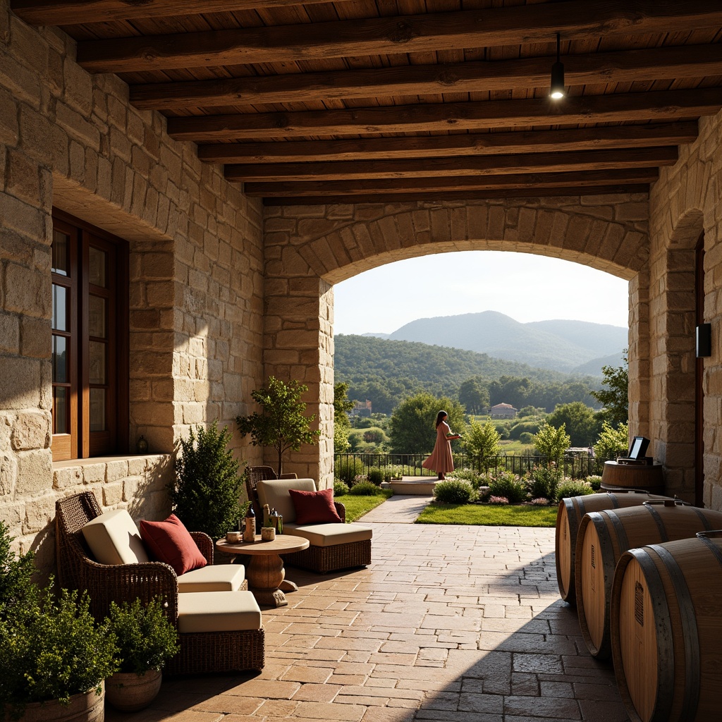 Prompt: Rustic winery, earthy olive tones, weathered stone walls, wooden barrels, vineyard scenery, rolling hills, Mediterranean landscape, warm sunny day, soft diffused lighting, shallow depth of field, 1/2 composition, natural textures, ambient occlusion, worn brick pathways, distressed wood accents, vintage metal fixtures, classic ceramic tiles, cozy interior spaces, plush furnishings, earthy scent, intimate ambiance.