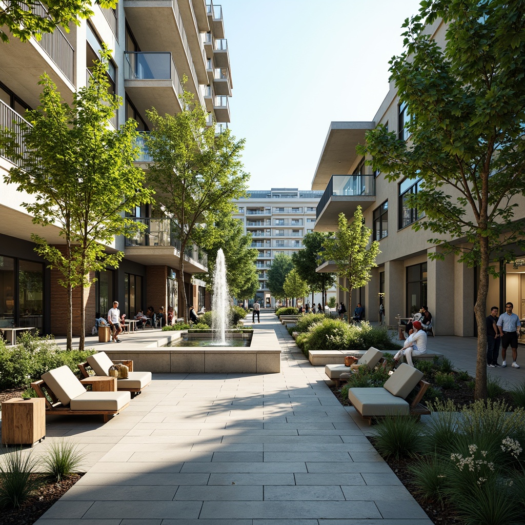 Prompt: Vibrant urban plaza, lush greenery, modern fountain, walking paths, seating areas, street performers, open-air cafes, natural stone flooring, minimalist benches, stainless steel railings, cantilevered roofs, large windows, abundant natural light, airy atmosphere, shallow depth of field, 3/4 composition, panoramic view, realistic textures, ambient occlusion.