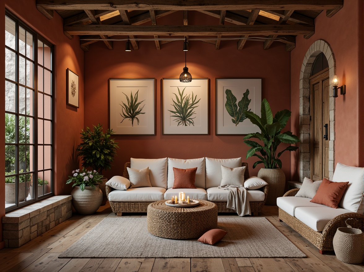 Prompt: Rustic wooden accents, earthy terracotta tones, natural stone walls, reclaimed wood floors, woven wicker furniture, organic linen textiles, botanical prints, potted plants, warm candlelight, soft diffused lighting, 1/2 composition, shallow depth of field, realistic wood grain textures, ambient occlusion.