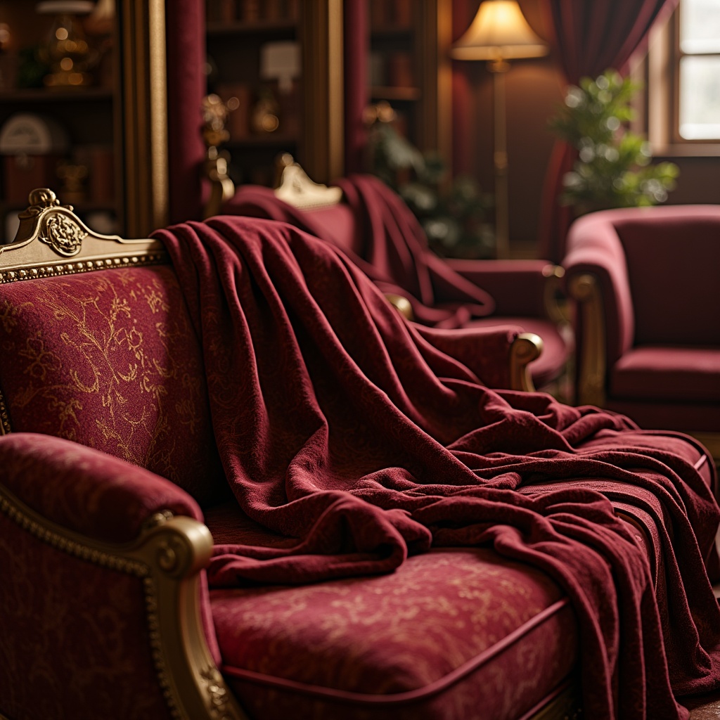 Prompt: Luxurious velvet fabrics, subtle sheen, soft draping, rich jewel tones, ornate patterns, classic floral motifs, intricate embroidery, plush cushions, tufted upholstery, regal armchairs, carved wooden frames, polished brass accents, warm golden lighting, shallow depth of field, 1/1 composition, realistic textures, ambient occlusion.