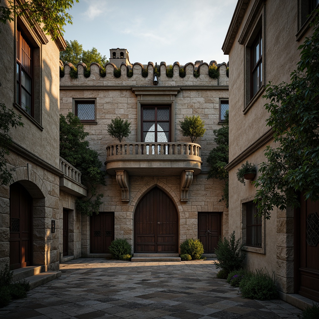 Prompt: Rustic watchtower, medieval architecture, stone walls, narrow windows, battlements, crenellations, grandiose entrance, iron doors, ornate carvings, Gothic arches, ribbed vaults, heavy fortifications, weathered stonework, moss-covered roofs, mysterious ambiance, soft warm lighting, dramatic shadows, 3/4 composition, symmetrical framing, atmospheric perspective, detailed textures, ambient occlusion.