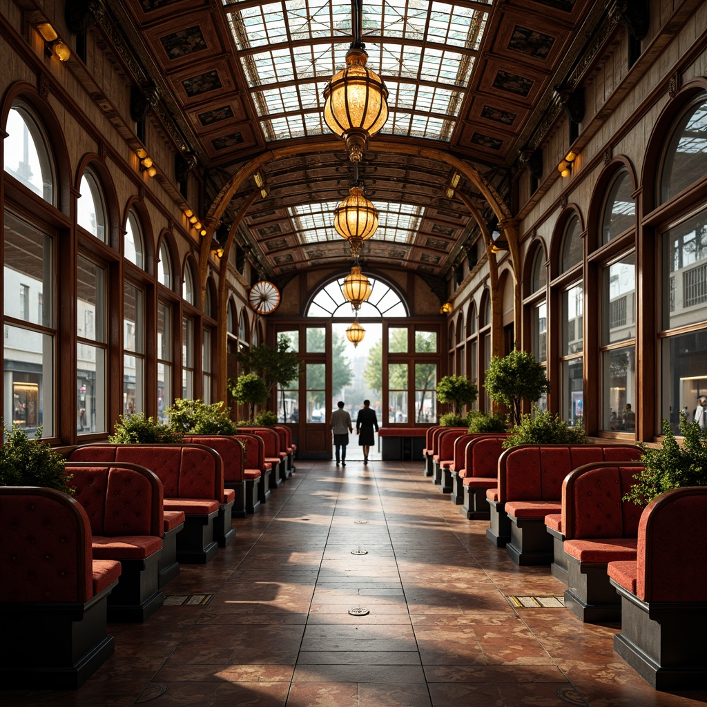 Prompt: Intricate tram station, ornate metalwork, grandiose chandeliers, vintage-inspired signage, richly patterned tiles, luxurious velvet upholstery, curved wooden benches, stately columns, arched windows, stunning stained glass ceilings, warm atmospheric lighting, shallow depth of field, 1/2 composition, symmetrical framing, realistic textures, ambient occlusion.