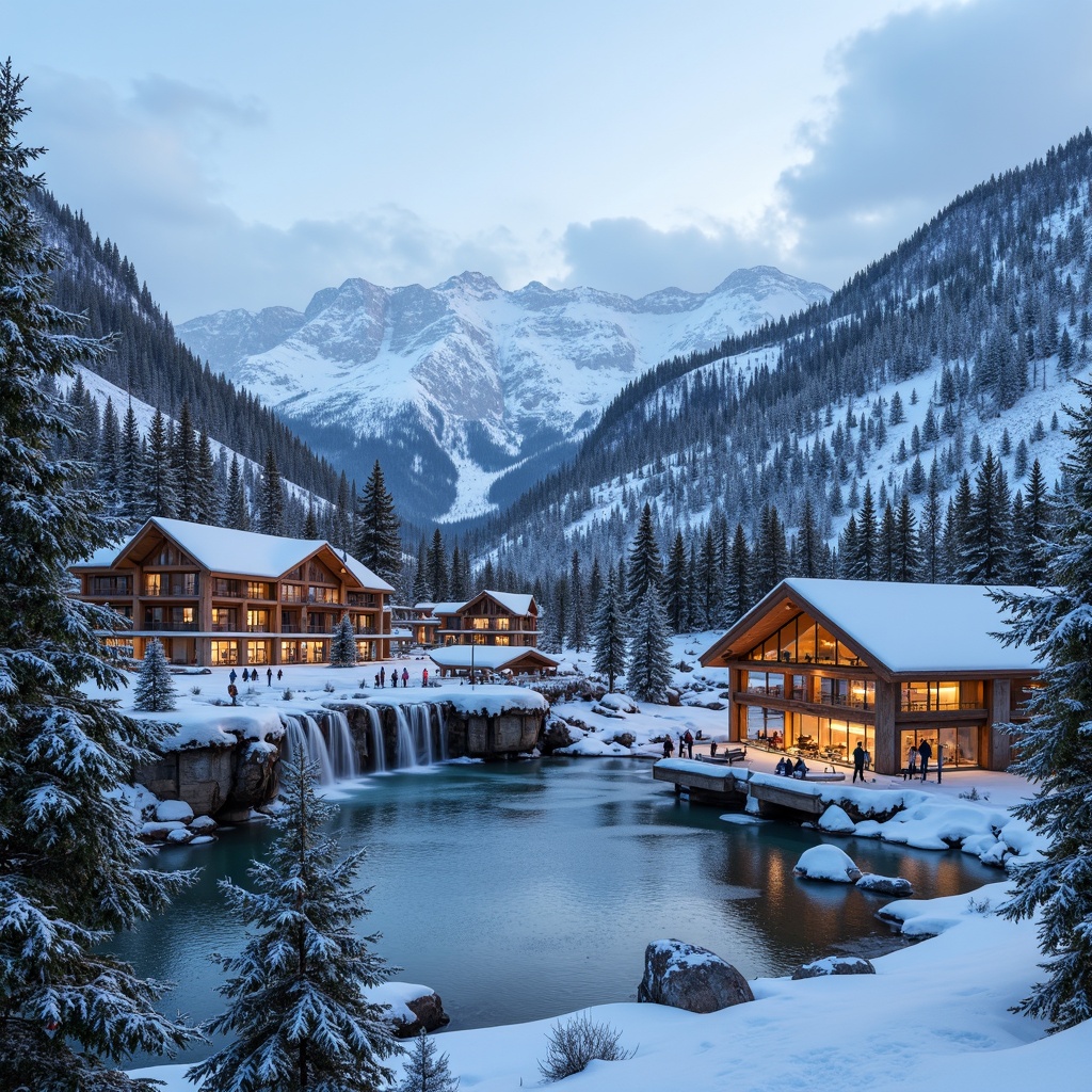 Prompt: Snow-capped mountains, frosty pine trees, icy lakes, ski lifts, mountainous terrain, rustic wooden cabins, snow-covered rooftops, warm cozy lighting, frozen waterfalls, rugged stone walls, modern ski center architecture, large windows, glass facades, sleek metal accents, minimalist design, functional layout, ski equipment storage, apr\u00e8s-ski lounges, crackling fireplaces, warm beverages, snowy forest trails, misty morning atmosphere, shallow depth of field, 3/4 composition, panoramic view, realistic textures, ambient occlusion.