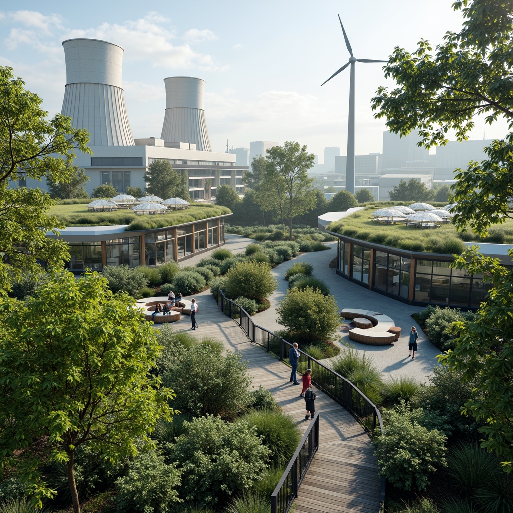 Prompt: Eco-friendly power plant, lush green roofs, solar panels, wind turbines, renewable energy systems, natural ventilation, minimal carbon footprint, sustainable building materials, recycling facilities, waste reduction systems, efficient energy storage, geothermal heating, cooling towers, misting systems, shaded outdoor spaces, organic gardens, native plant species, bio-inspired architecture, curvaceous lines, futuristic design, metallic structures, glass fa\u00e7ades, LED lighting, soft ambient illumination, shallow depth of field, 3/4 composition, panoramic view, realistic textures, ambient occlusion.