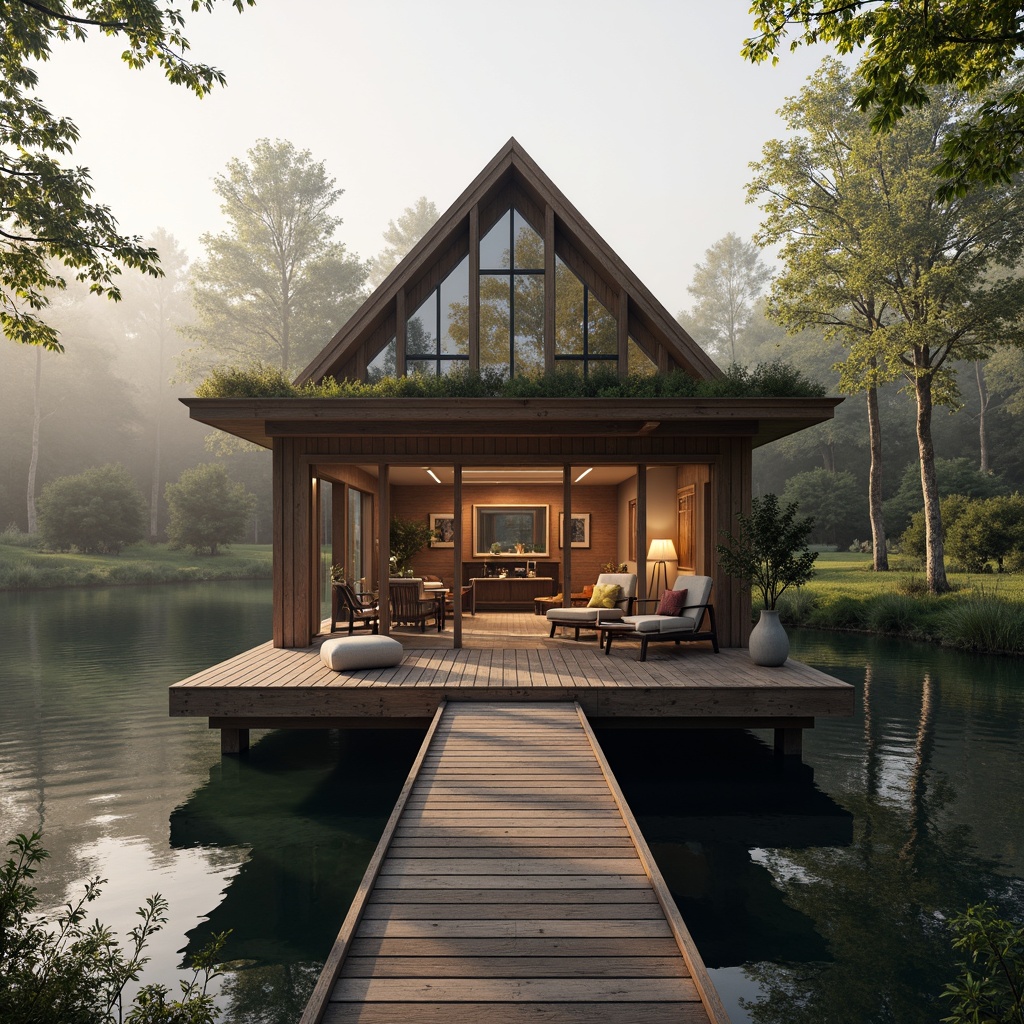 Prompt: Rustic boathouse, wooden dock, serene lake, misty morning, warm sunlight, natural materials, reclaimed wood, sustainable textiles, eco-friendly insulation, solar panels, rainwater harvesting system, living roofs, green walls, recycled metal accents, nautical decorations, cozy interior, plush furnishings, soft warm lighting, shallow depth of field, 1/1 composition, realistic textures, ambient occlusion.