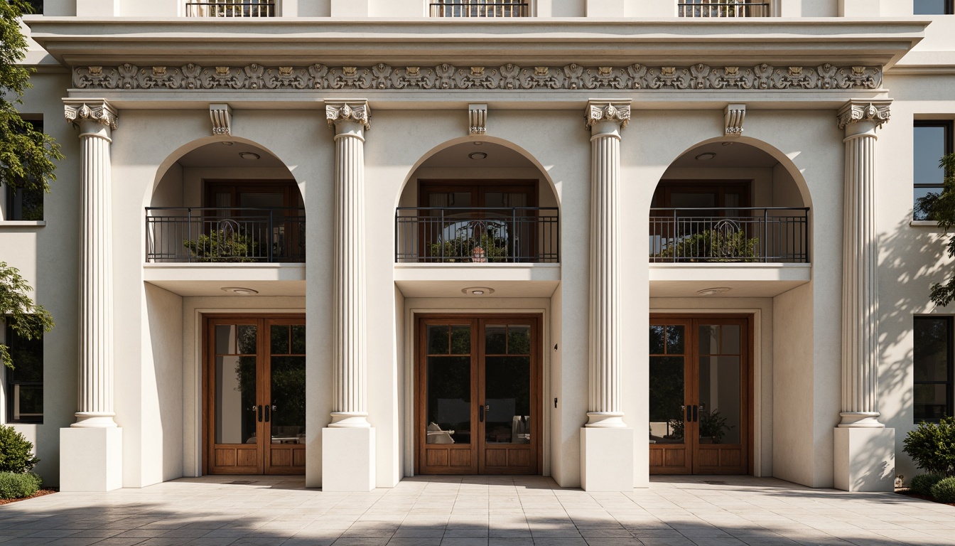 Prompt: Elegant classical facade, ornate columns, carved stone details, symmetrical composition, balanced proportions, grand entrance, imposing doors, decorative pediments, intricately designed balconies, refined stucco walls, subtle color palette, soft natural lighting, shallow depth of field, 1/2 composition, realistic textures, ambient occlusion.