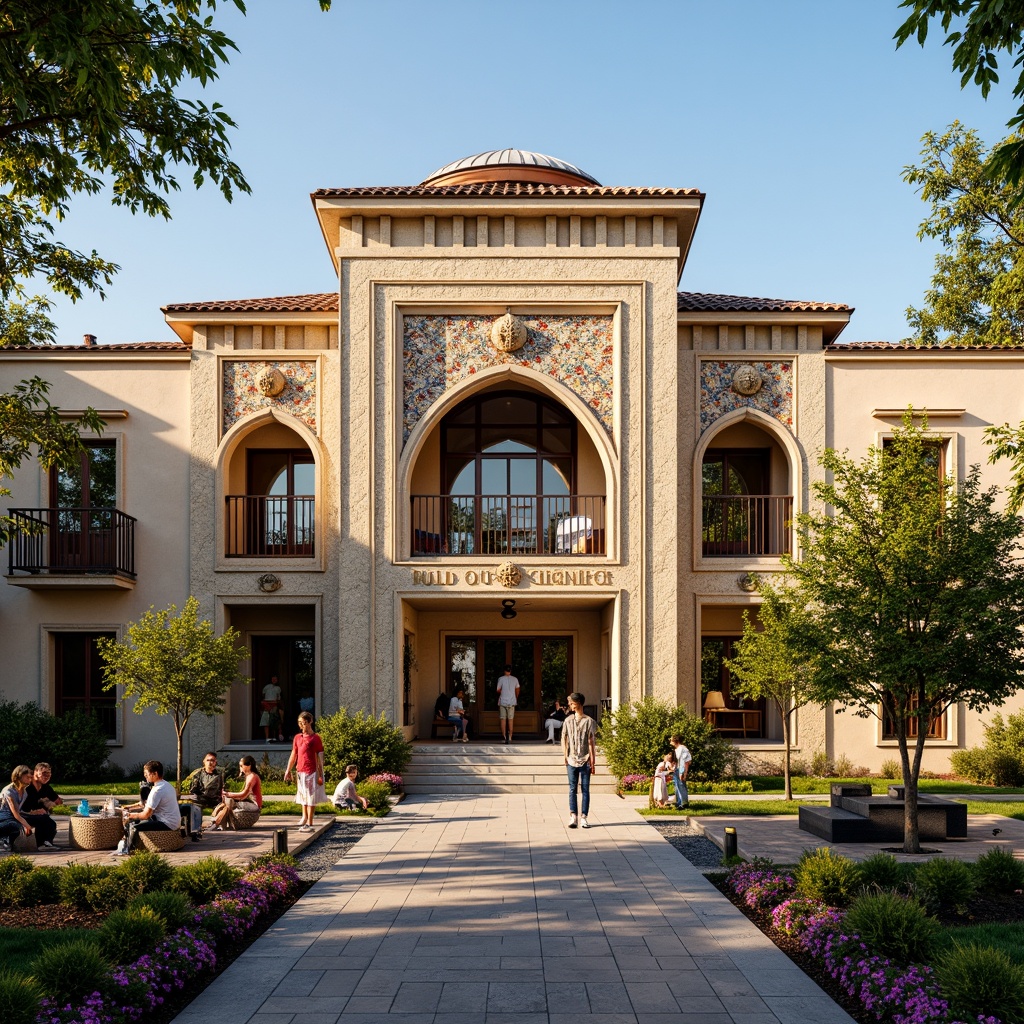 Prompt: Vibrant youth center, Byzantine-style facade, ornate stone carvings, intricate mosaic patterns, grand archways, domed roofs, warm golden lighting, richly textured stucco walls, colorful glazed tiles, ornamental ironwork, majestic entrance gates, lush greenery, vibrant flowers, outdoor seating areas, shaded courtyards, atmospheric misting systems, shallow depth of field, 1/2 composition, realistic textures, ambient occlusion.