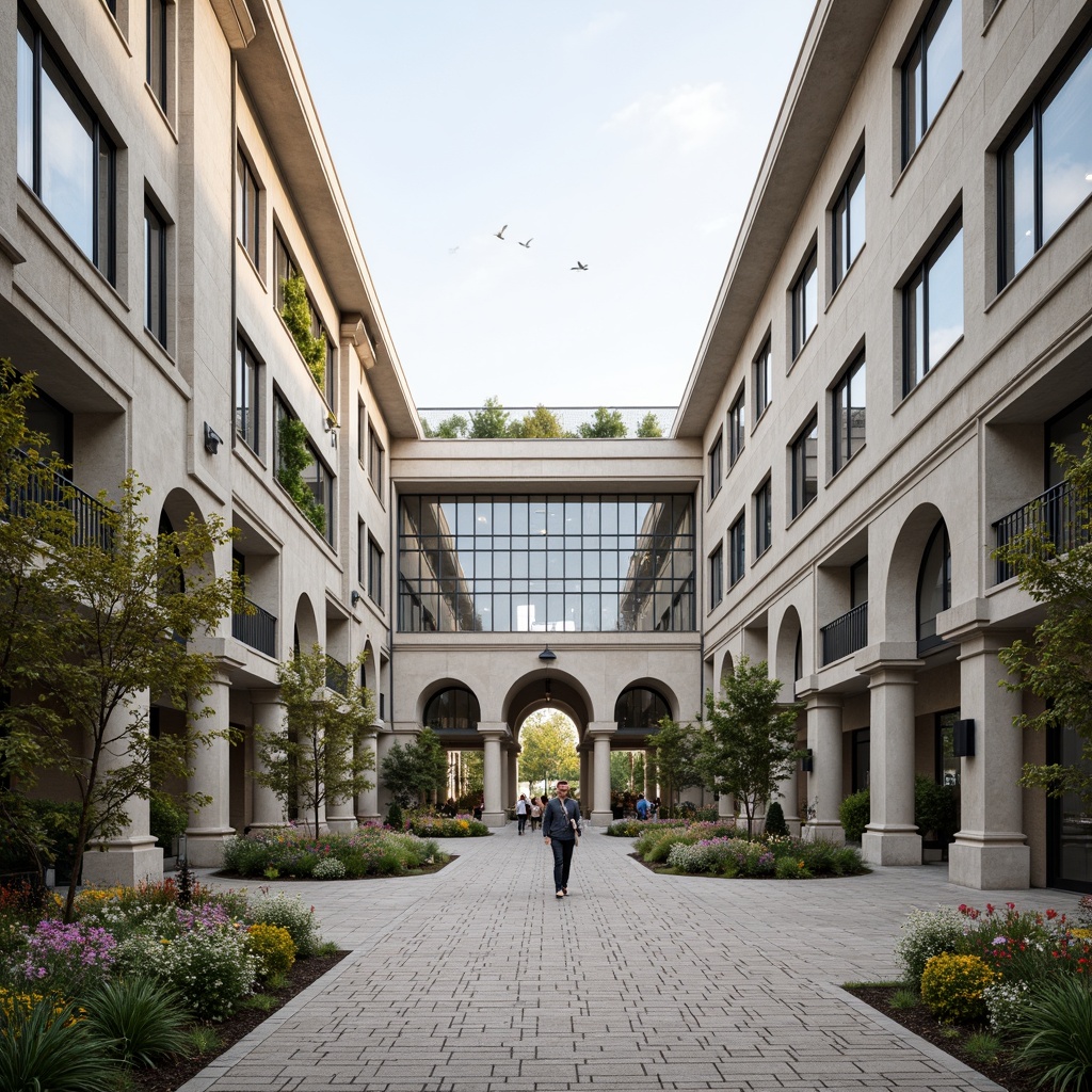 Prompt: Grand campus entrance, symmetrical facade, elegant archways, ornate columns, neutral color palette, international style architecture, modernist influence, clean lines, minimal ornamentation, large windows, glass curtain walls, metal frames, cantilevered roofs, open courtyard, lush greenery, vibrant flowers, pedestrian walkways, natural stone paving, subtle lighting, soft warm ambiance, 1/1 composition, realistic textures, ambient occlusion.