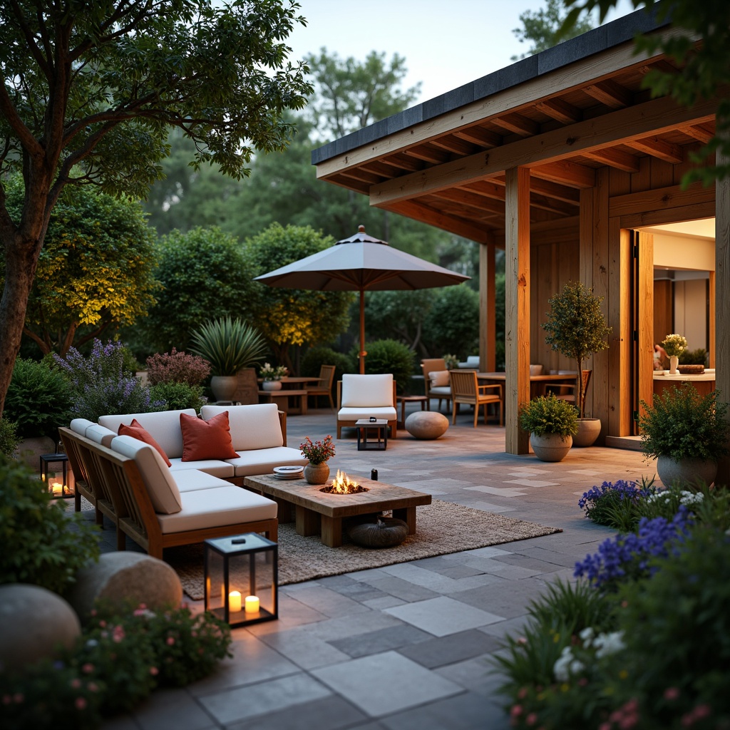 Prompt: Cozy patio seating, lush greenery, vibrant flowers, rustic wooden furniture, lantern-style lighting, warm stone flooring, intimate gathering spaces, tranquil water features, natural stone walls, earthy color palette, soft ambient lighting, shallow depth of field, 3/4 composition, panoramic view, realistic textures, ambient occlusion.