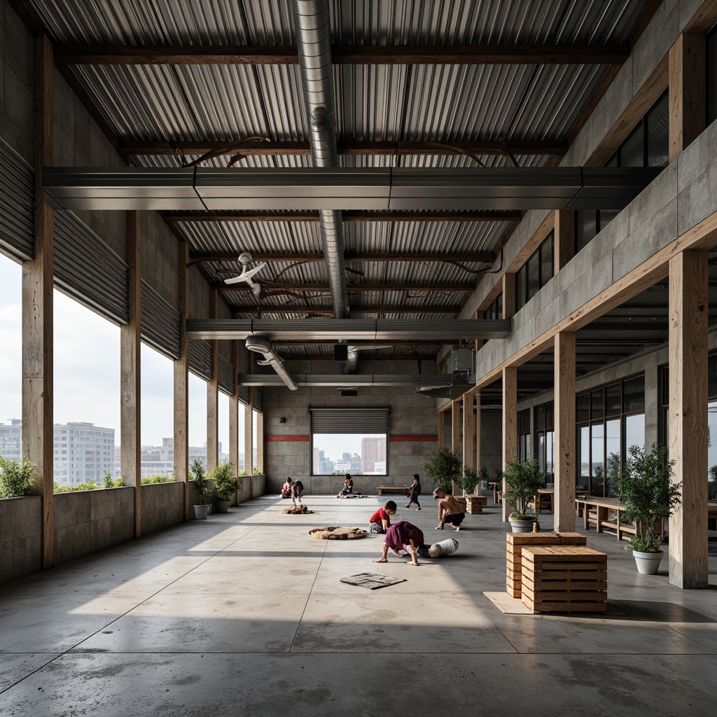 Prompt: Industrial workshop setting, experimental architecture, brutalist concrete facade, exposed ductwork, metal beams, reclaimed wood accents, corrugated metal cladding, polycarbonate roofing, translucent panels, minimalist interior, functional lighting, industrial-style furniture, abstract art installations, urban cityscape views, overcast sky, softbox lighting, high-contrast shadows, 1/1 composition, symmetrical framing, detailed textures, cinematic atmosphere.