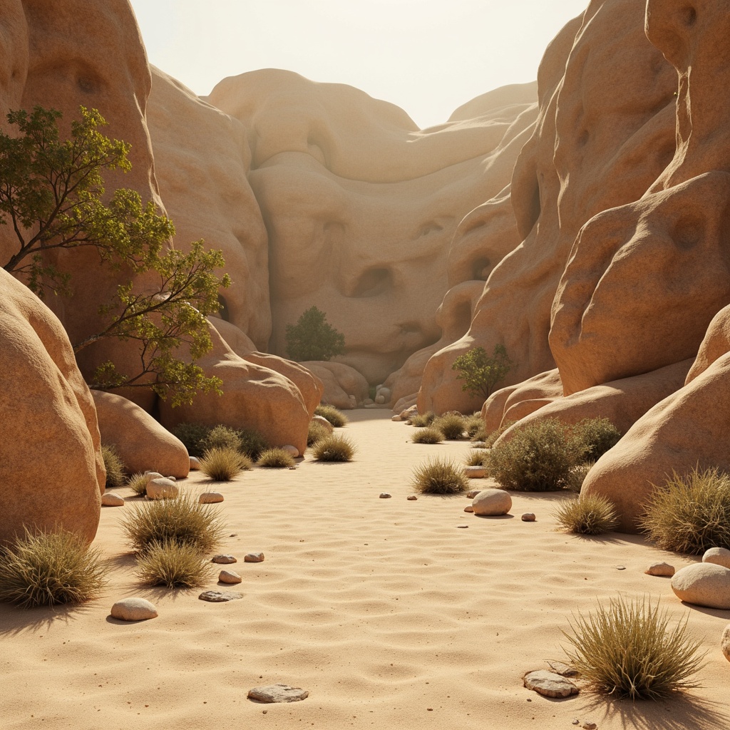 Prompt: Warm beige sandy terrain, khaki-toned rocky outcrops, coarse grainy texture, natural earthy tones, desert landscape, arid climate, rustic design elements, weathered wooden accents, woven fibers, canvas fabrics, organic shapes, soft warm lighting, high contrast shadows, detailed normal maps, realistic wear and tear, 1/1 composition, cinematic camera angles, atmospheric haze.