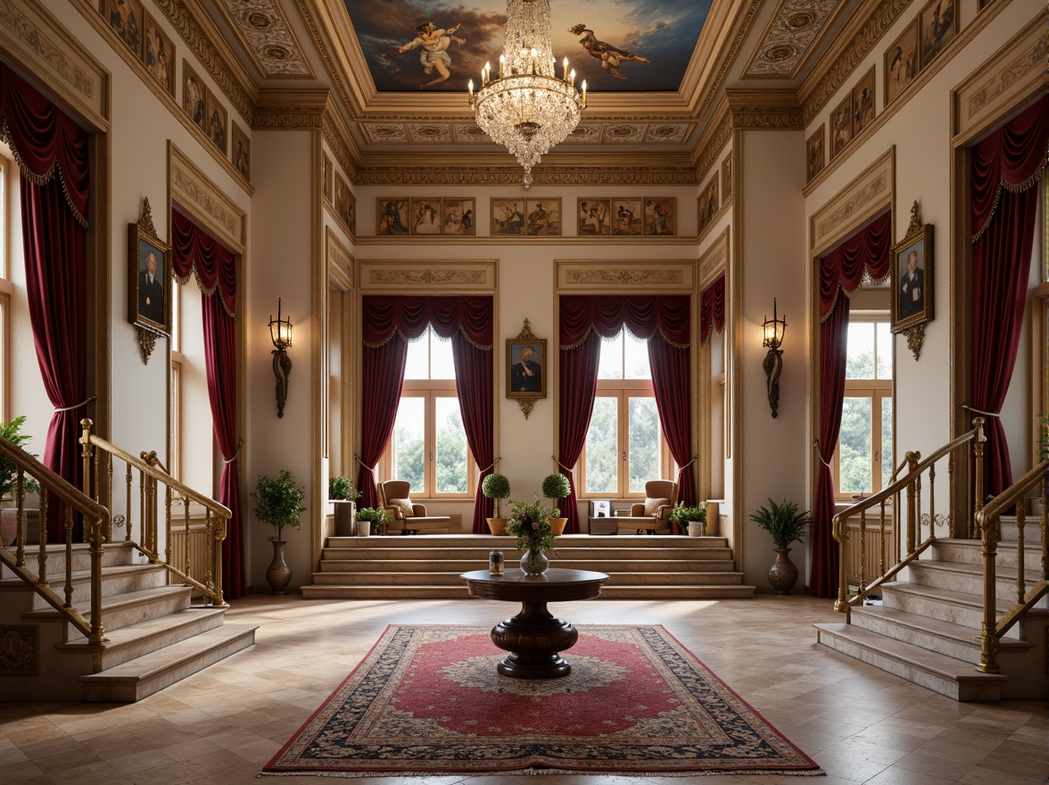 Prompt: Grand neoclassical facade, limestone walls, ornate marble columns, intricately carved wooden doors, polished bronze hardware, grand staircases, crystal chandeliers, lavish fresco ceilings, opulent velvet drapes, richly patterned rugs, elegant furnishings, subtle warm lighting, 1/1 composition, symmetrical balance, classical proportions, realistic textures, ambient occlusion.