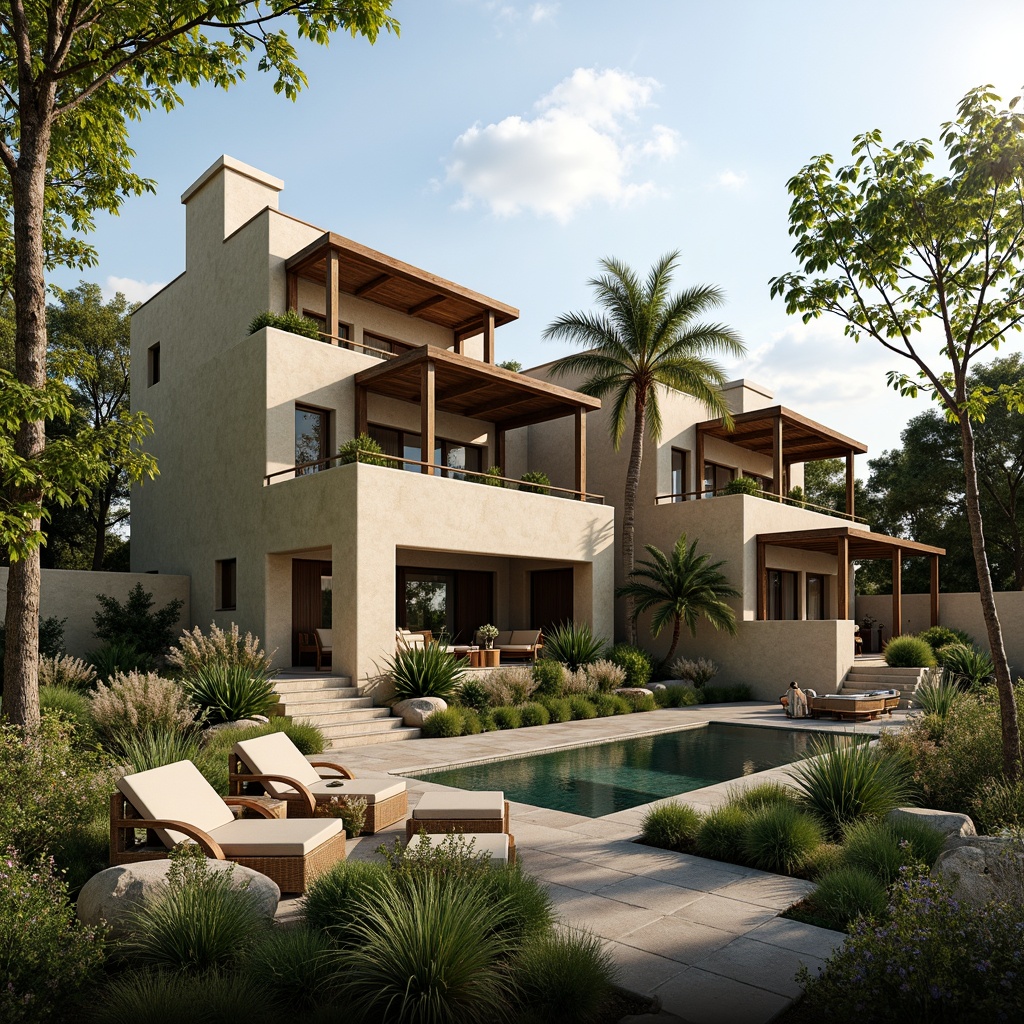 Prompt: Earthy sustainable villa, natural stone exterior, green roofs, solar panels, wind turbines, water conservation systems, eco-friendly materials, organic gardens, lush greenery, vibrant flowers, wooden accents, recycled glass decorations, soft warm lighting, shallow depth of field, 3/4 composition, panoramic view, realistic textures, ambient occlusion, earthy tone colors, beige stucco walls, reclaimed wood floors, natural linen fabrics, woven rattan furniture, organic patterns, nature-inspired artwork.