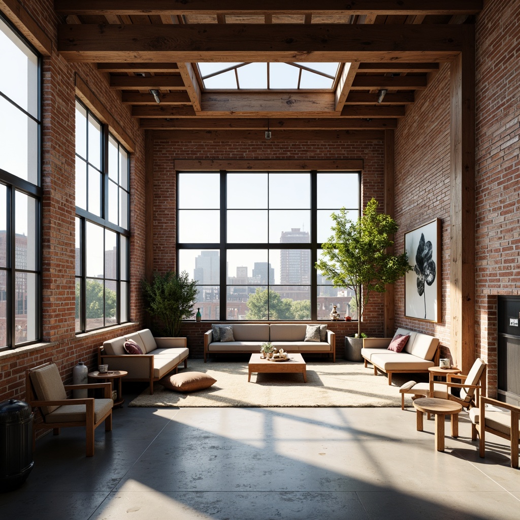 Prompt: Industrial chic loft space, exposed brick walls, polished concrete floors, high ceilings, large windows, skylights, clerestory windows, natural wood accents, minimalist decor, open floor plan, modern furniture, urban cityscape views, sunny day, soft warm lighting, shallow depth of field, 1/1 composition, realistic textures, ambient occlusion.