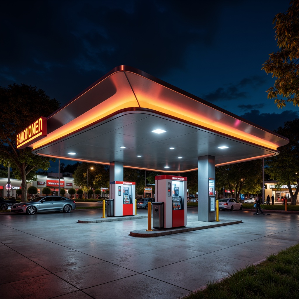 Prompt: Modern gas station, sleek metallic fa\u00e7ade, neon signage, LED strip lights, warm ambient glow, softbox lighting, diffuse illumination, minimalist architecture, clean lines, geometric shapes, industrial materials, concrete floors, steel beams, futuristic aesthetic, urban cityscape, busy streets, nighttime atmosphere, shallow depth of field, 1/1 composition, realistic textures, subtle color grading.