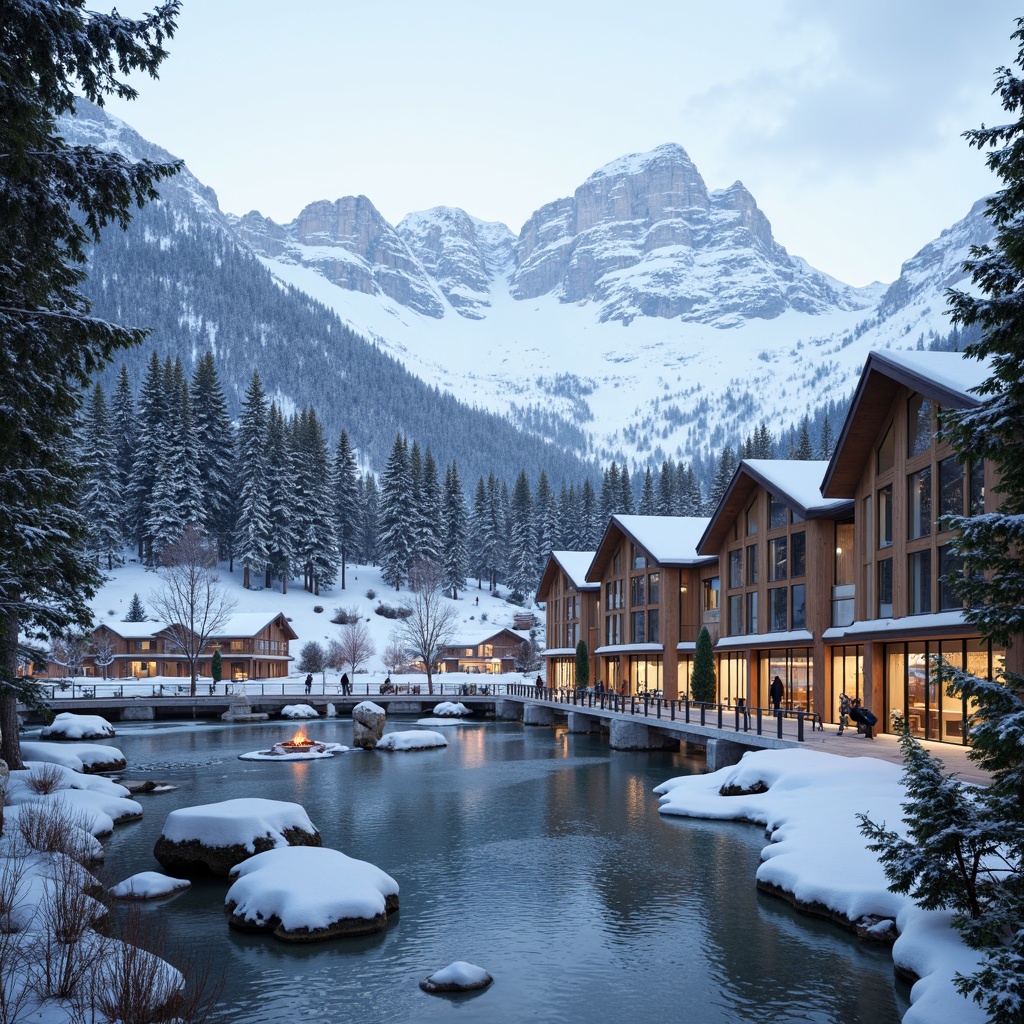 Prompt: Snow-capped mountain peaks, frosty pine trees, icy lakeside, winter sports equipment, ski lifts, chairlifts, gondolas, snowshoes, sledges, frozen waterfalls, rustic wooden bridges, stone-paved pathways, modern ski center architecture, angular lines, minimalist design, large windows, glass facades, warm cozy lighting, fire pit areas, outdoor seating, wooden accents, natural materials, earthy color palette, misty morning atmosphere, soft focus effect, shallow depth of field, 3/4 composition, panoramic view.