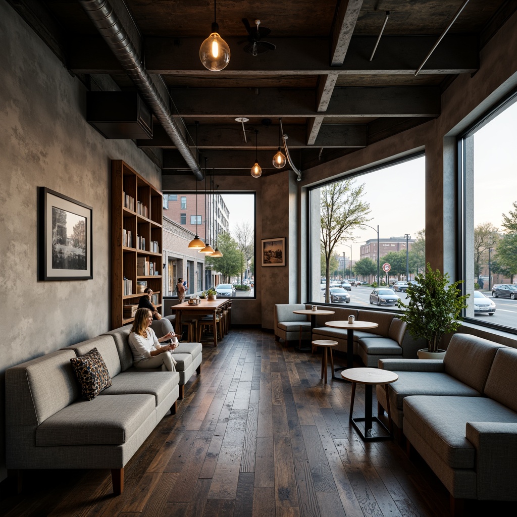 Prompt: Cozy coffee shop interior, gray tone walls, minimalist decor, industrial metal beams, reclaimed wood accents, comfortable seating areas, plush sofas, wooden tables, modern pendant lights, warm ambiance, soft diffused lighting, shallow depth of field, 1/2 composition, realistic textures, ambient occlusion, urban cityscape views, busy streets, morning sunlight, aromatic coffee scents.