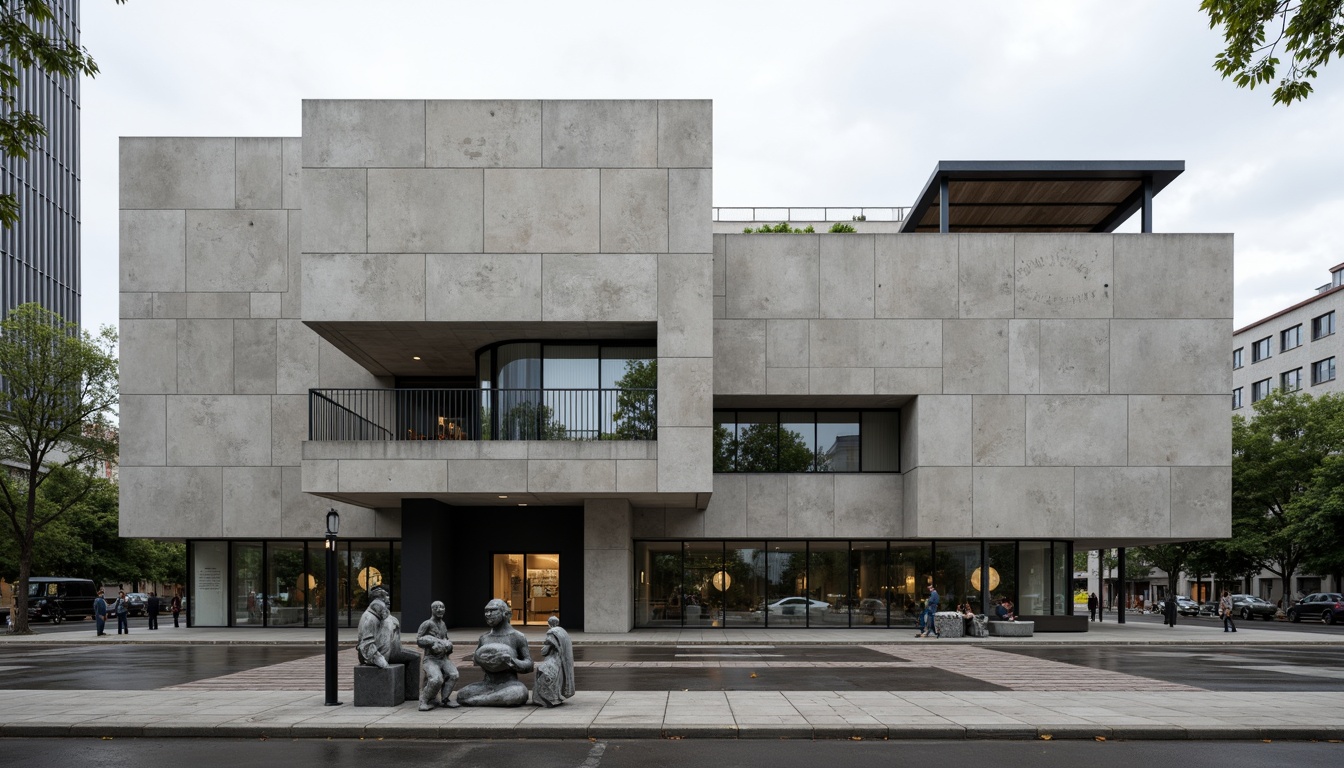 Prompt: Geometric museum facade, brutalist architecture, raw concrete texture, angular lines, minimalist design, industrial chic aesthetic, large glass windows, metal beams, cantilevered rooflines, asymmetrical composition, bold typography, abstract sculptures, urban cityscape, overcast sky, dramatic shadowplay, high-contrast lighting, 2.35 aspect ratio, cinematic framing, atmospheric misting effects, intricate stone carvings, ornate metalwork details, avant-garde art installations.