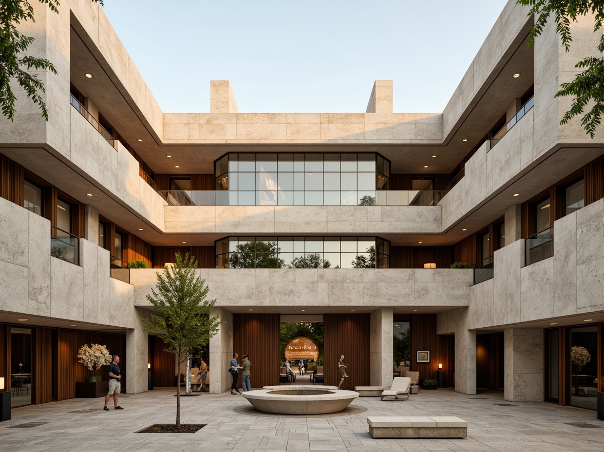 Prompt: Elegant library facade, brutalist structuralism, rugged concrete textures, cantilevered roofs, asymmetrical compositions, geometric patterned windows, monumental entrance, grand atrium, natural stone cladding, wooden accents, minimalist ornamentation, subtle lighting effects, warm beige color palette, late afternoon sun, shallow depth of field, 2/3 composition, symmetrical reflection, realistic architectural details.