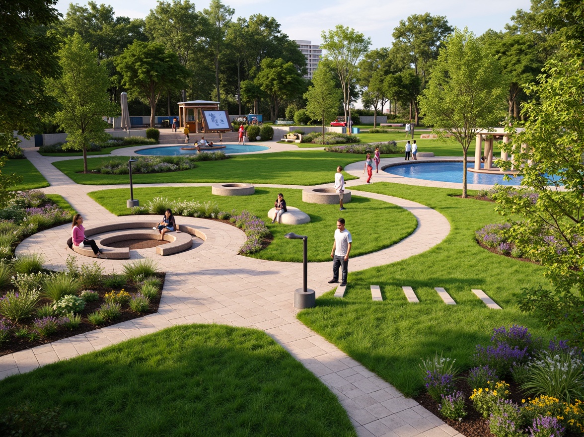 Prompt: Vibrant community park, lush green lawns, walking trails, outdoor amphitheater, public art installations, interactive exhibits, playground equipment, splash pads, picnic areas, seating benches, shade structures, modern streetlights, urban agriculture plots, community gardens, educational signage, natural stone pathways, accessible ramps, inclusive play features, warm evening lighting, shallow depth of field, 1/1 composition, panoramic view, realistic textures, ambient occlusion.