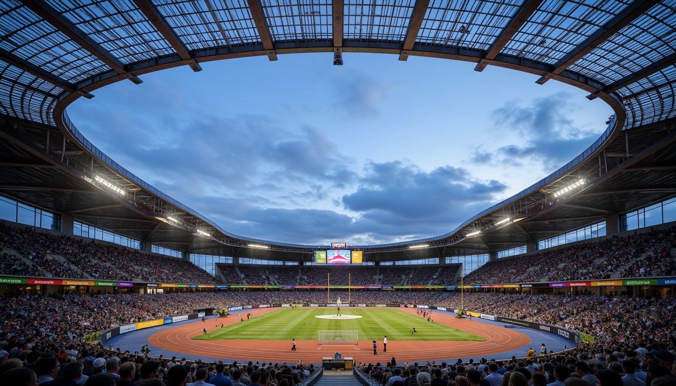 Prompt: Dynamic sports stadium, curved steel framework, translucent polycarbonate panels, LED lighting strips, sleek metallic cladding, aerodynamic shape, cantilevered rooflines, grandstand seating, athletic track markings, lush green grass, vibrant scoreboard displays, modern architectural accents, geometric patterned glass fa\u00e7ades, sustainable building materials, natural ventilation systems, shaded spectator areas, misting cooling systems, panoramic views, high-contrast color scheme, dramatic nighttime illumination.