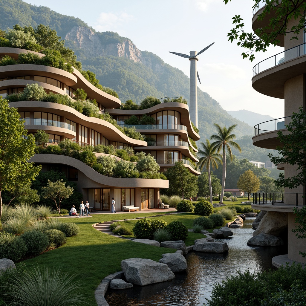 Prompt: Harmonious building integration, lush green roofs, native plant species, rainwater harvesting systems, grey water reuse, solar panels, wind turbines, natural ventilation, large overhangs, cantilevered structures, earthy color palette, organic shapes, curvaceous lines, minimal site disturbance, preserved natural habitats, scenic views, panoramic windows, clerestory lighting, soft diffused light, 1/1 composition, asymmetrical balance, realistic textures, ambient occlusion.