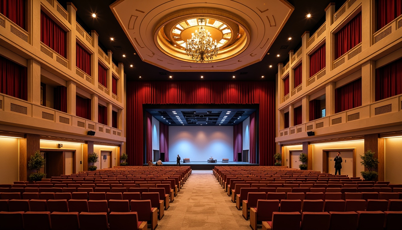 Prompt: Grand auditorium, luxurious velvet curtains, rich wood tones, warm golden lighting, majestic high ceilings, elegant chandeliers, comfortable plush seats, subtle soundproofing details, sophisticated acoustic design, vibrant red accent walls, deep blue tone stage, neutral beige floorings, dramatic spotlighting, soft box seating areas, ornate architectural columns, refined modern interior style, ambient warm glow, shallow depth of field, 1/2 composition.