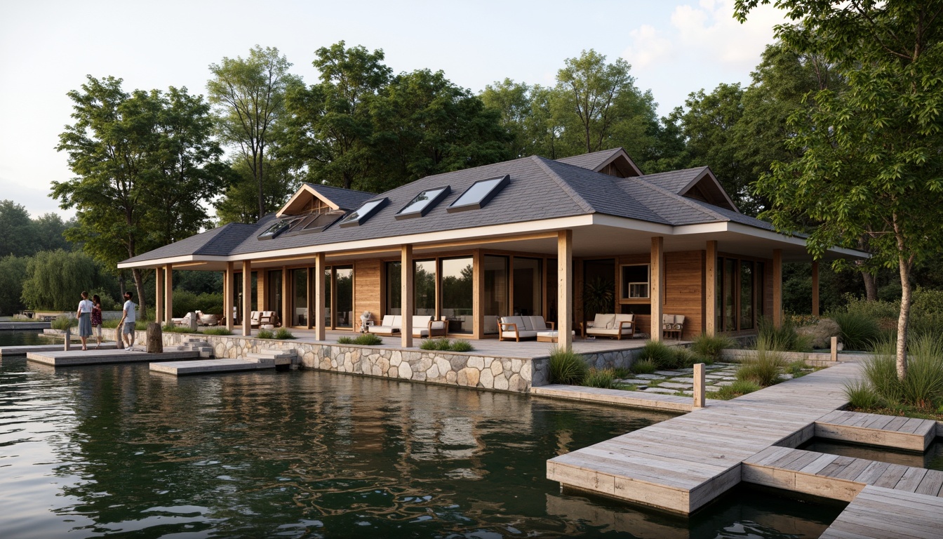 Prompt: Waterfront boathouse, rustic wooden docks, gentle lake ripples, lush greenery, natural stone foundation, earthy color palette, abundant windows, sliding glass doors, clerestory windows, skylights, cross-ventilation, open floor plan, minimalist interior, reclaimed wood accents, nautical decor, cozy reading nooks, warm soft lighting, shallow depth of field, 1/1 composition, realistic textures, ambient occlusion.