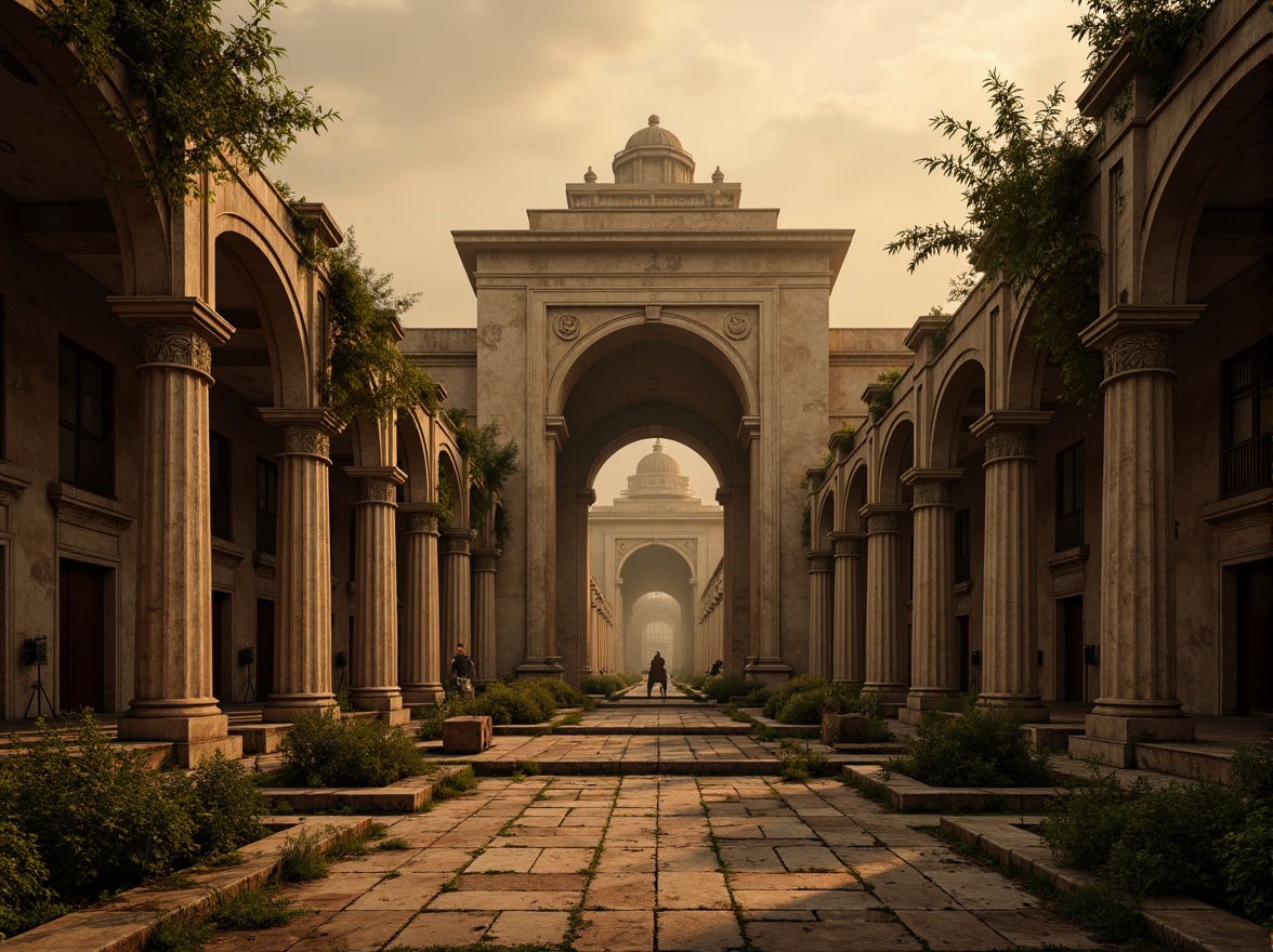 Prompt: Grandiose ancient ruins, crumbling stone columns, ornate capitals, symmetrical architecture, majestic entrance, intricate carvings, weathered marble surfaces, mystical ambiance, warm golden lighting, dramatic shadows, atmospheric mist, cinematic composition, narrow depth of field, 1/2 format, historic preservation, cultural heritage.