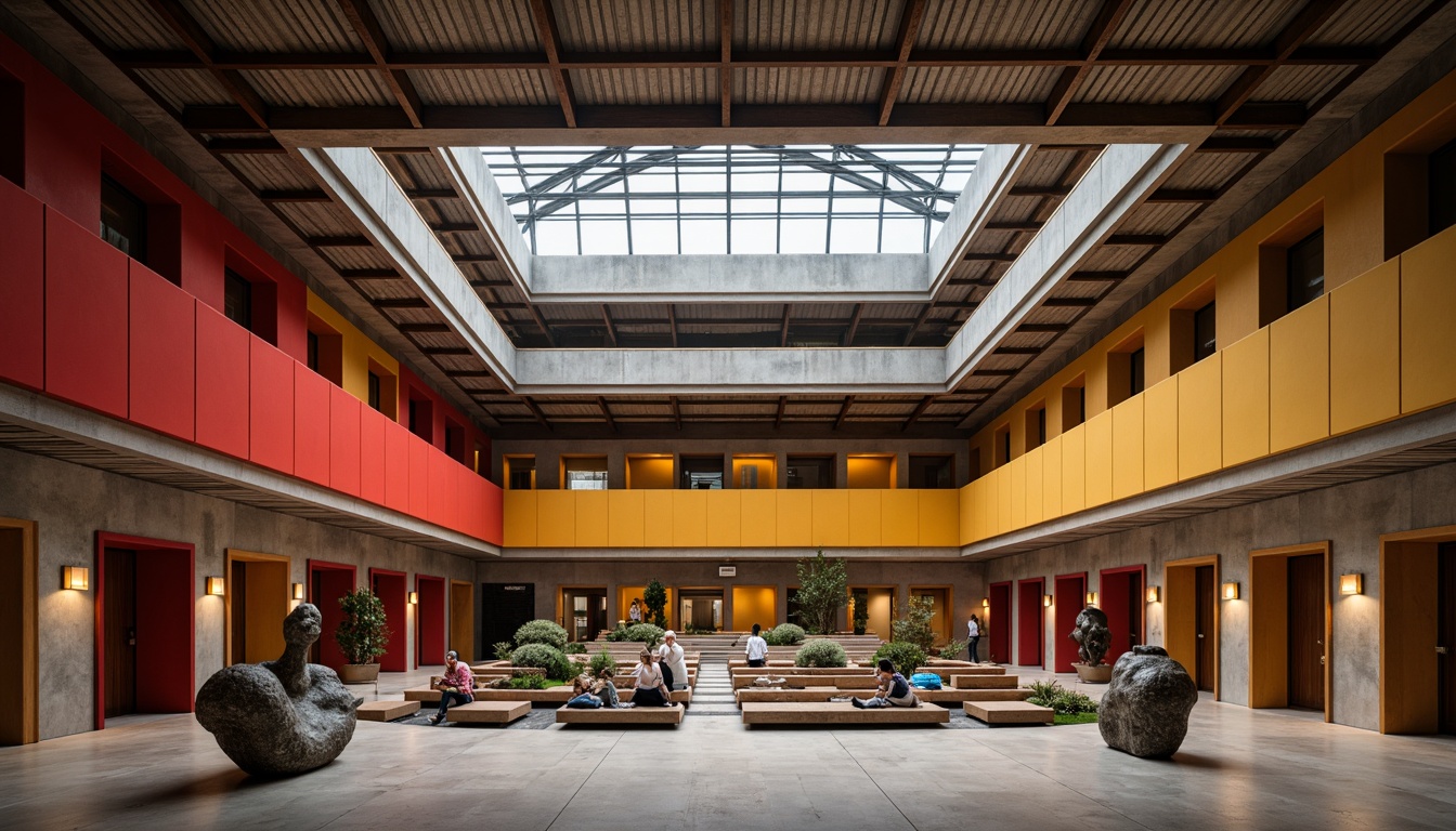 Prompt: Geometric auditorium, asymmetrical fa\u00e7ade, bold primary colors, industrial materials, concrete walls, steel beams, minimalist ornamentation, functional lighting, cantilevered balconies, rectangular windows, abstract sculptures, brutalist architecture, dramatic shadows, high-contrast lighting, shallow depth of field, 1/1 composition, symmetrical framing, realistic textures, ambient occlusion.