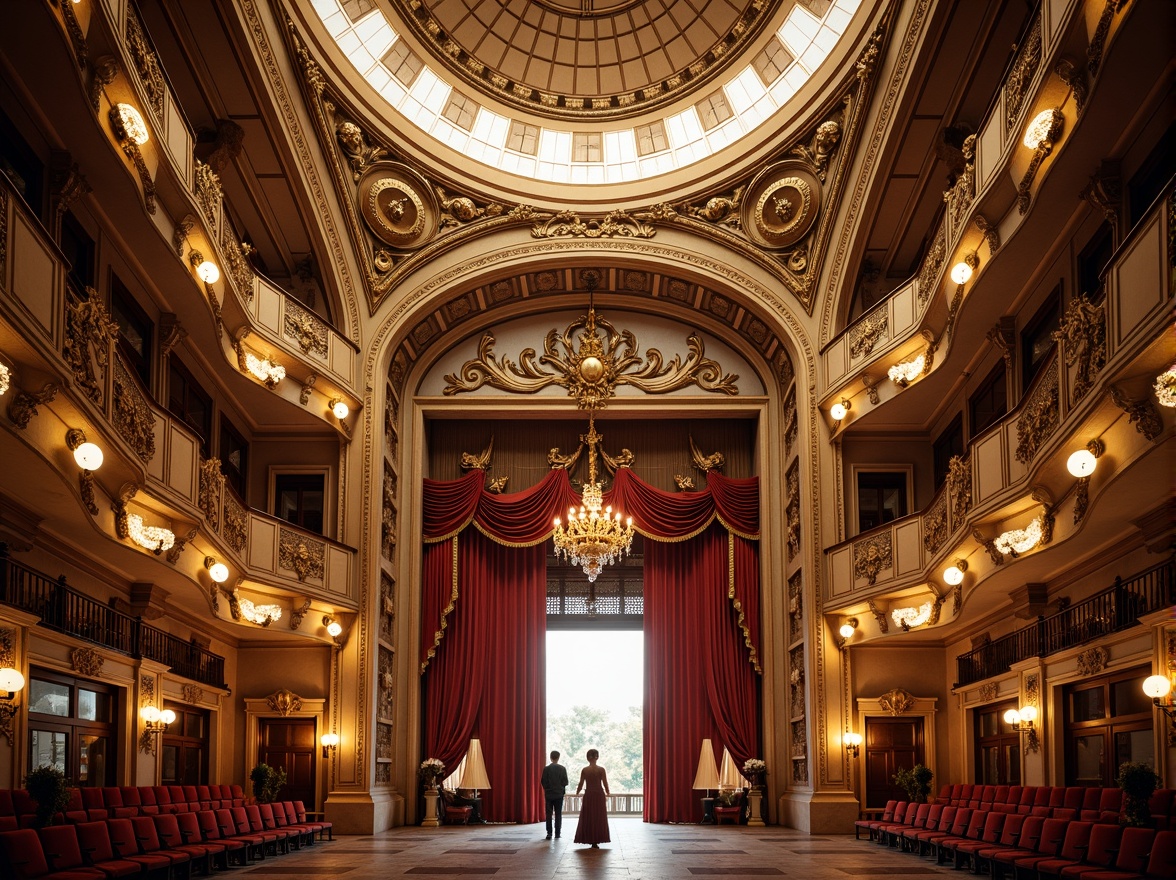 Prompt: Intricate opera house facade, grandiose domed roof, ornate balconies, sweeping staircases, opulent chandeliers, rich velvet drapes, gilded moldings, marble columns, intricate carvings, dramatic archways, lavish ornamentation, Baroque-inspired details, soft golden lighting, warm afternoon sun, shallow depth of field, 1/1 composition, symmetrical framing, realistic textures, ambient occlusion.