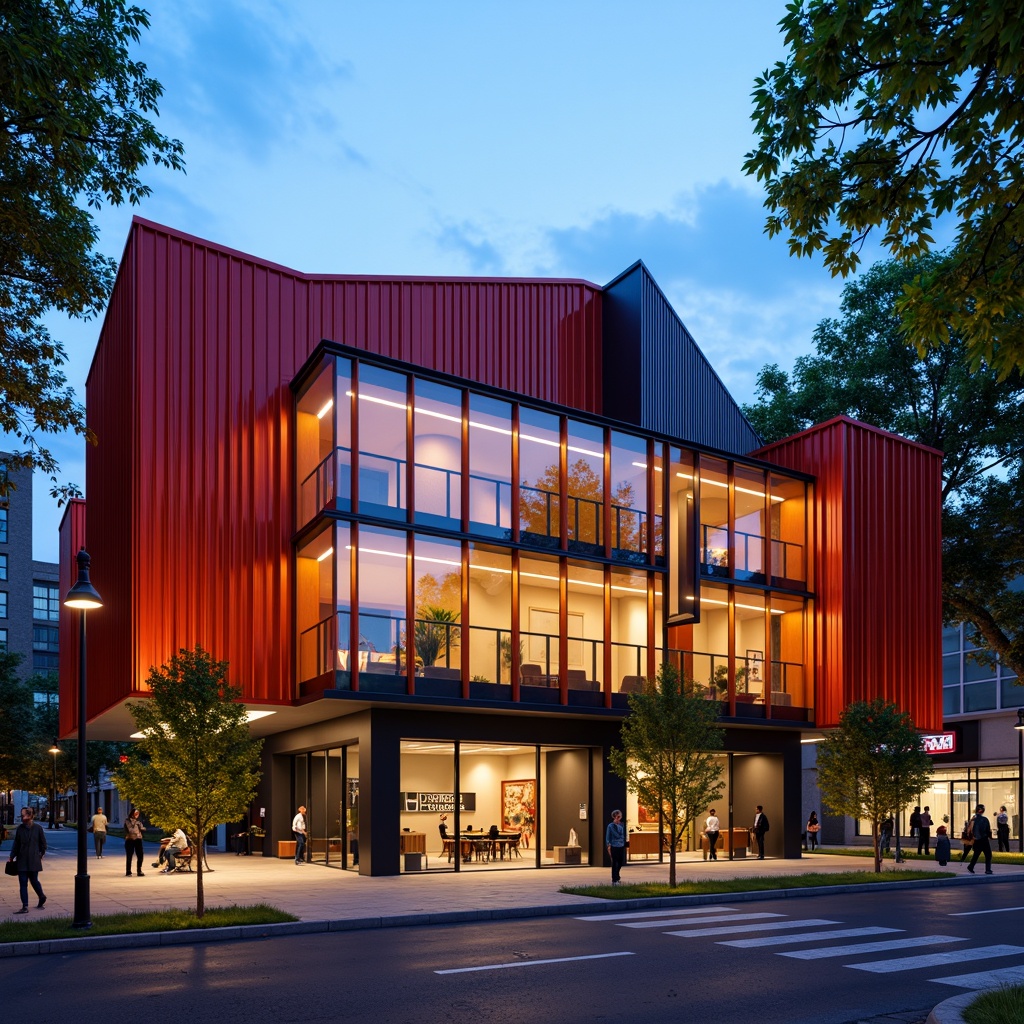 Prompt: Vibrant concert house facade, bold geometric shapes, primary color accents, industrial metal cladding, large glass windows, minimalist ornamentation, functional simplicity, brutalist-inspired architecture, urban cityscape backdrop, dynamic street lighting, warm evening ambiance, shallow depth of field, 1/1 composition, symmetrical framing, high-contrast textures, ambient occlusion.