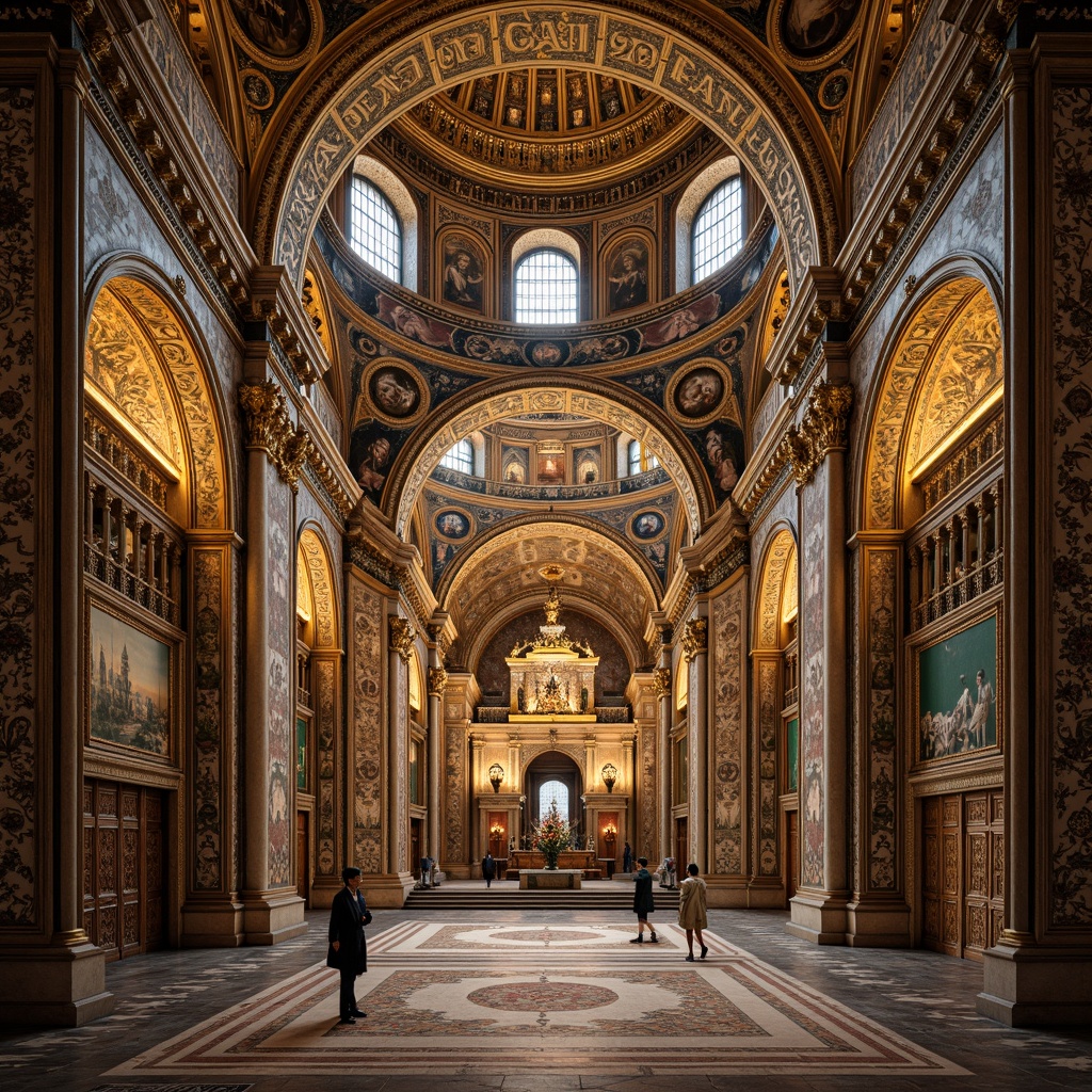 Prompt: Intricate mosaics, golden domes, ornate archways, lavish frescoes, elaborate stone carvings, majestic basilicas, grandiose entrances, richly patterned textiles, vibrant jewel-toned hues, intricate geometric motifs, ornamental gilded accents, grand scale, dramatic lighting, high contrast, 1/2 composition, atmospheric perspective, realistic textures, detailed normal maps.