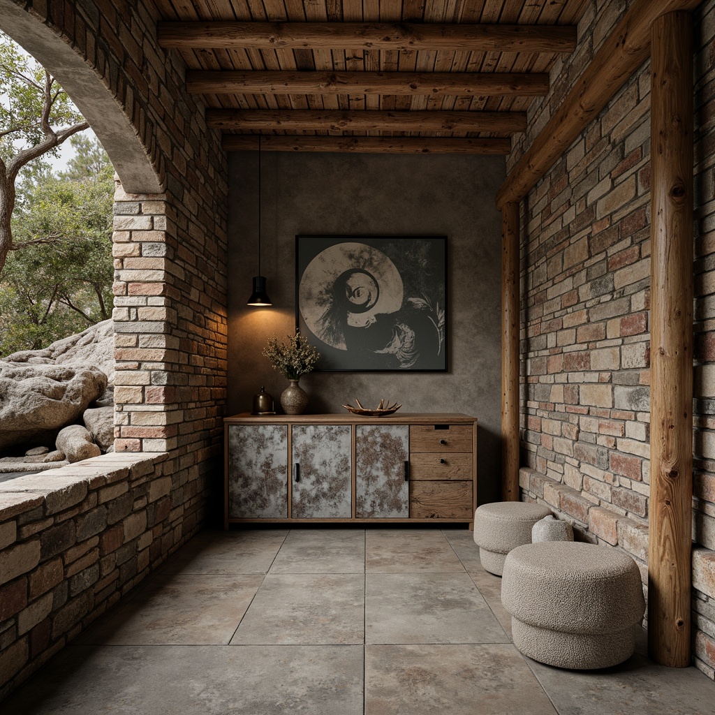 Prompt: Rustic stone walls, rough-hewn wooden beams, distressed metal panels, weathered brick facades, tactile concrete surfaces, natural rock formations, organic shapes, earthy tones, warm ambient lighting, soft shadows, high-contrast textures, 1/2 composition, shallow depth of field, realistic material rendering, atmospheric perspective.