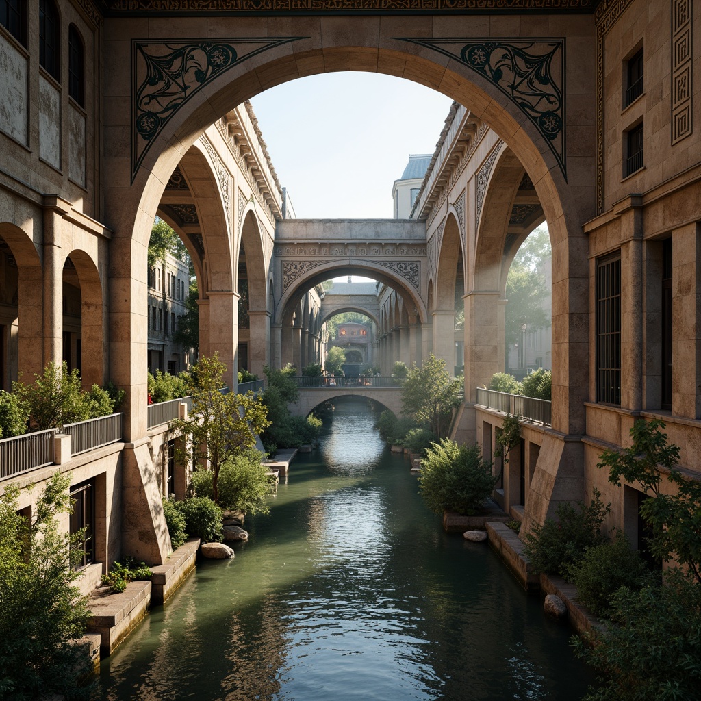 Prompt: Ancient stone bridges, Byzantine arches, ornate carvings, rustic stonework, weathered granite, moss-covered walls, intricate mosaics, golden accents, ornamental railings, grandiose pillars, majestic viaducts, serene water reflections, soft misty atmosphere, warm natural lighting, high contrast shadows, 1/2 composition, symmetrical framing, detailed textures, subtle ambient occlusion.