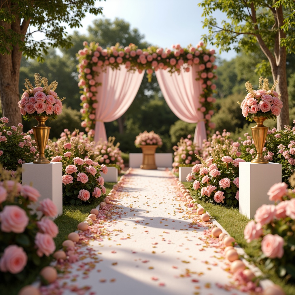 Prompt: Vibrant wedding ceremony, pastel pink roses, soft peach balloons, golden confetti, delicate lace details, warm champagne toasts, elegant candelabras, luxurious velvet drapes, intimate gathering, natural outdoor setting, lush greenery, blooming flowers, sunny day, soft warm lighting, shallow depth of field, 3/4 composition, panoramic view, realistic textures, ambient occlusion.