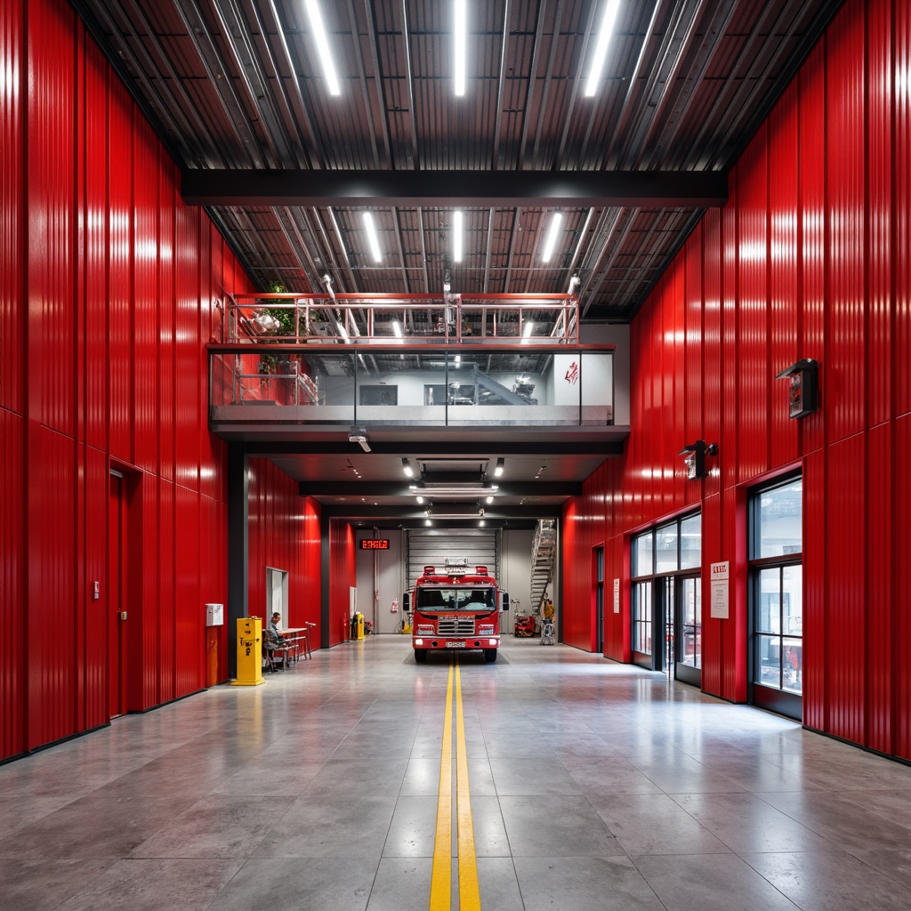 Prompt: Modern fire station, bold red color scheme, sleek metal cladding, angular lines, emergency vehicle access, rescue equipment, alarm systems, smoke detectors, sprinkler installations, fire-resistant materials, escape routes, evacuation signs, stairwell pressurization, fire-rated doors, window glazing, safety glass, reflective surfaces, high-visibility markings, illuminated exit paths, low-level lighting, emergency backup power, realistic textures, ambient occlusion, shallow depth of field, 3/4 composition, panoramic view.