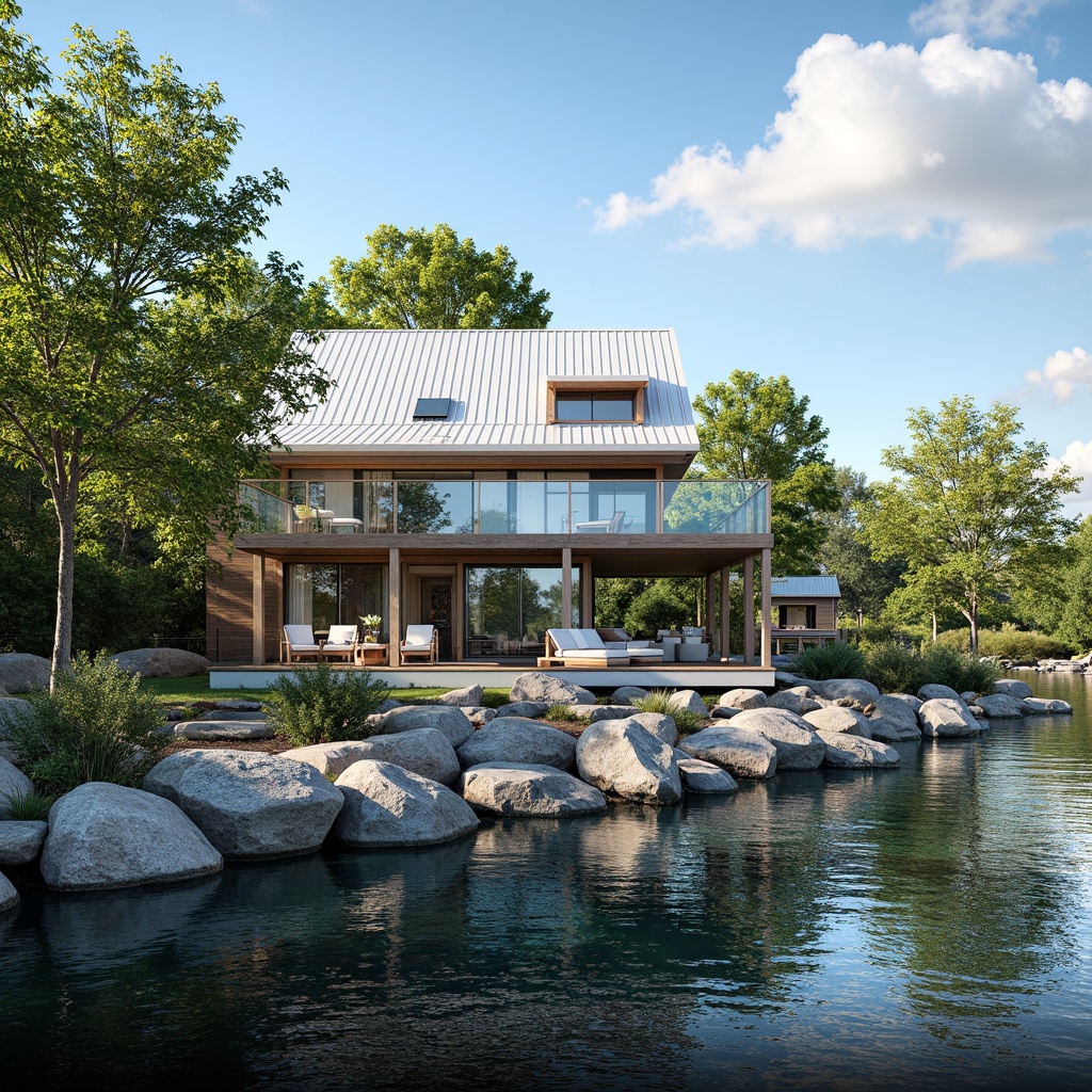 Prompt: Lakefront house, waterfront views, modern facade design, large windows, sliding glass doors, wooden accents, natural stone cladding, rustic metal roofing, nautical-themed decor, soft blue color palette, calming atmosphere, serene lake scenery, lush greenery, surrounding trees, tranquil ambiance, warm sunny day, gentle lake breeze, shallow depth of field, 1/2 composition, symmetrical balance, realistic textures, ambient occlusion.