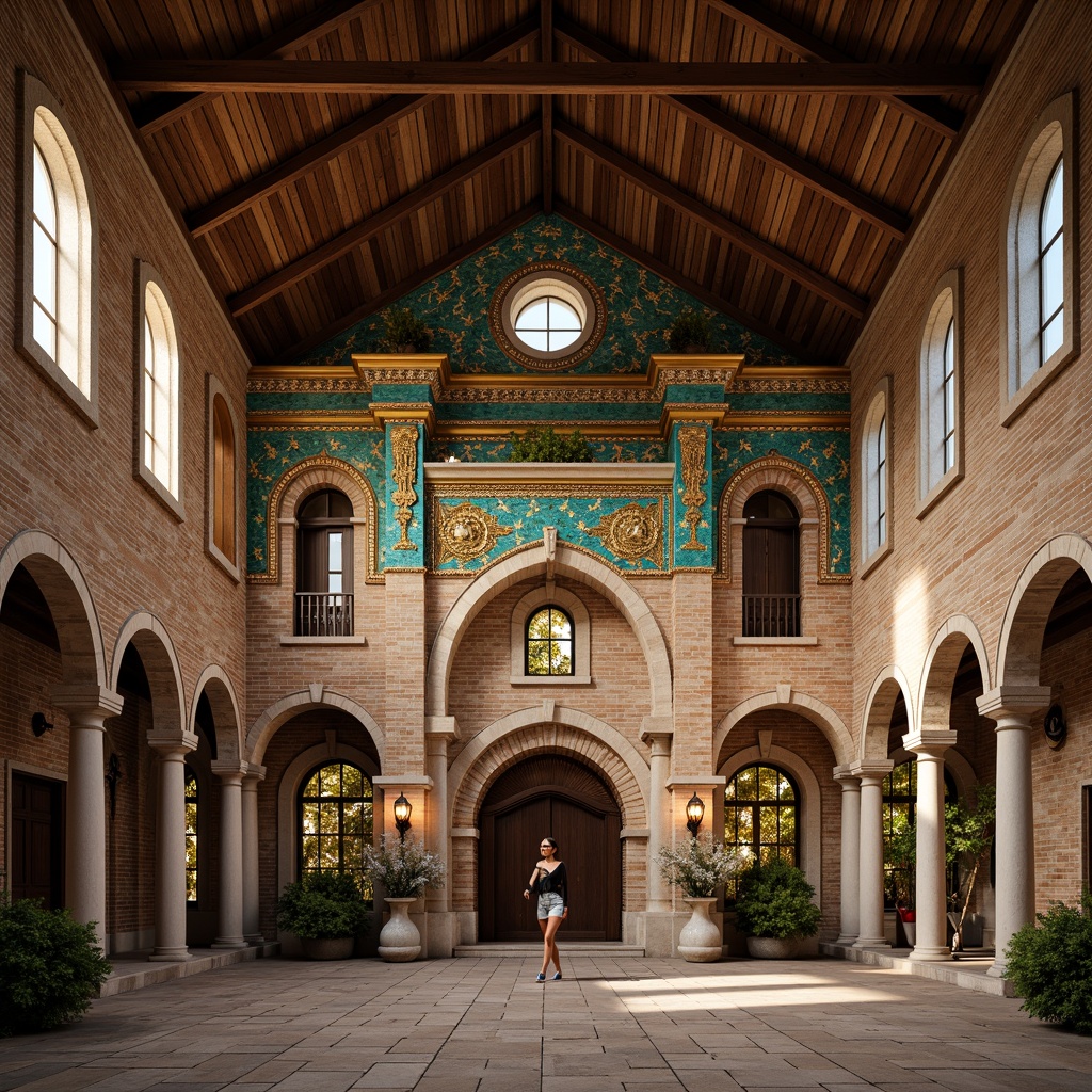 Prompt: Rustic barn, Byzantine style architecture, arched windows, domed roof, ornate stone carvings, intricate brick patterns, grand entrance, symmetrical facade, vibrant turquoise accents, golden mosaics, natural stone foundation, wooden beam ceilings, rustic wooden doors, ambient warm lighting, shallow depth of field, 1/1 composition, realistic textures, atmospheric perspective.