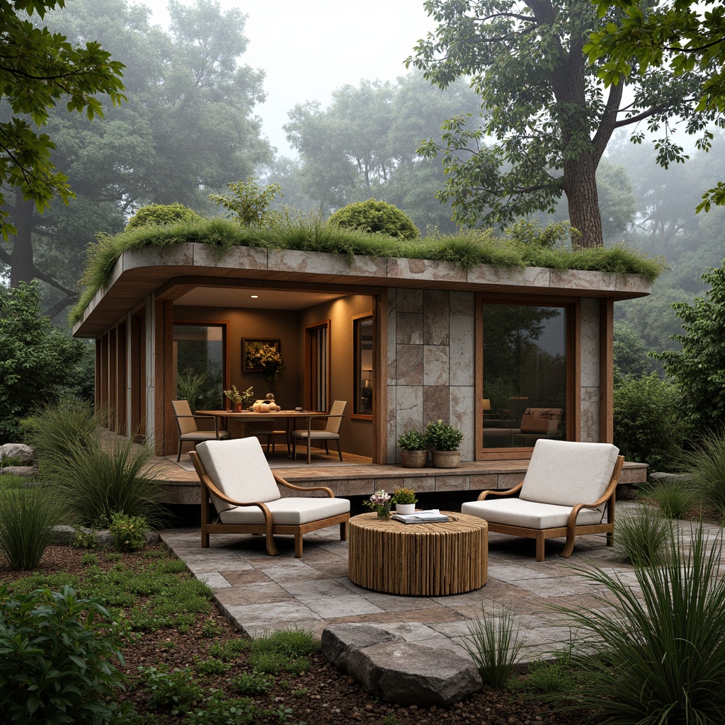 Prompt: Organic modern cabin, reclaimed wood accents, natural stone walls, earthy color palette, woven bamboo furniture, rattan decor, living green roofs, lush forest surroundings, misty morning atmosphere, warm soft lighting, shallow depth of field, 1/2 composition, realistic textures, ambient occlusion.