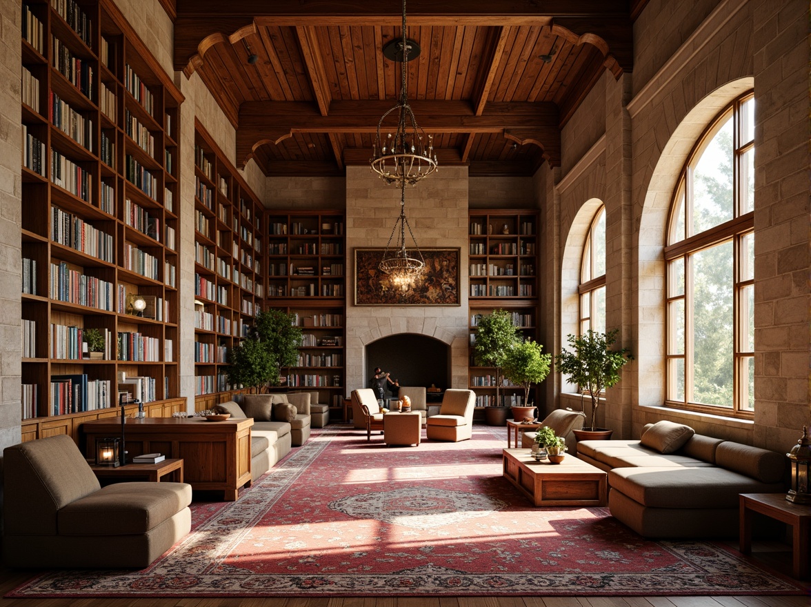 Prompt: Cozy library interior, warm wooden accents, regionalistic architectural elements, vaulted ceilings, grand reading rooms, comfortable seating areas, natural stone walls, rustic wooden bookshelves, ornate metal lanterns, soft warm lighting, rich wood tones, plush carpets, comfortable study nooks, vibrant cultural patterns, eclectic furniture pieces, abundant natural light, airy atmosphere, shallow depth of field, 2/3 composition, realistic textures, ambient occlusion.