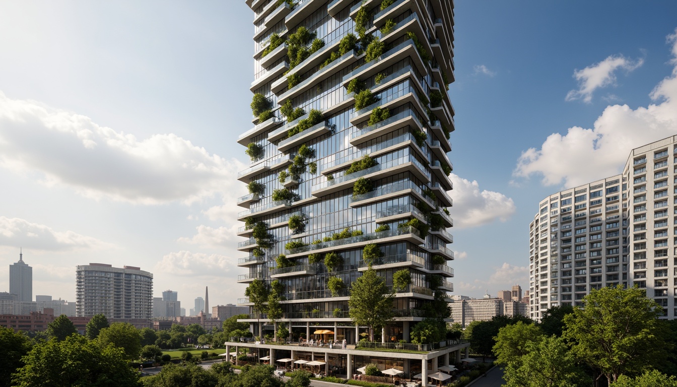 Prompt: Futuristic skyscraper, sleek metallic fa\u00e7ade, verdant green walls, solar panels, wind turbines, vertical gardens, lush foliage, modern angular lines, minimalist design, eco-friendly materials, innovative cooling systems, shaded outdoor spaces, misting systems, panoramic city views, dramatic cloudy skies, warm natural lighting, shallow depth of field, 3/4 composition, realistic textures, ambient occlusion.