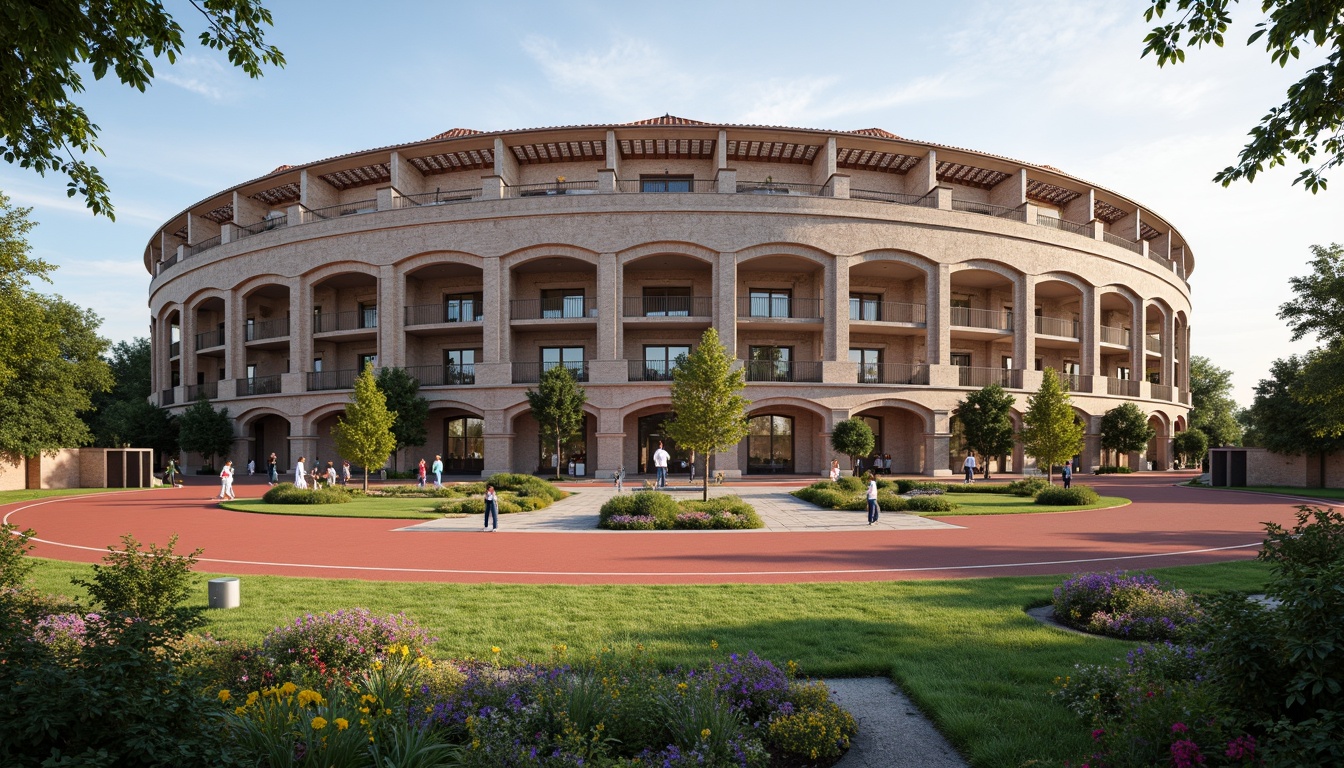 Prompt: Grandiose Renaissance-style soccer stadium, ornate stone carvings, majestic arches, grand entrance gates, regal balconies, intricate ironwork, rustic brick facades, terracotta roof tiles, lush greenery, vibrant flowers, athletic track, floodlights, sunny day, soft warm lighting, shallow depth of field, 3/4 composition, panoramic view, realistic textures, ambient occlusion, curved lines, symmetrical design, classical motifs, ornate columns, statuesque sculptures.