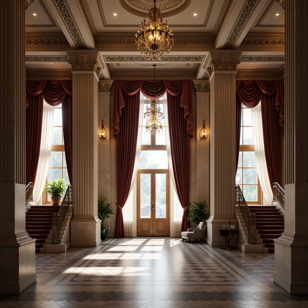 Prompt: Elegant neoclassical facade, ornate columns, carved marble details, grand entranceways, sweeping staircases, crystal chandeliers, rich velvet drapes, antique furniture pieces, luxurious interior spaces, high ceilings, large windows, natural light pouring in, subtle color palette, soft warm lighting, shallow depth of field, 1/1 composition, realistic textures, ambient occlusion.